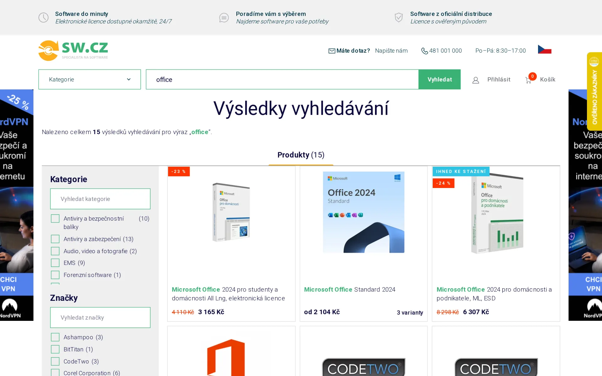 Výsledky vyhledávání dotazu office na sw.cz s filtry a produkty