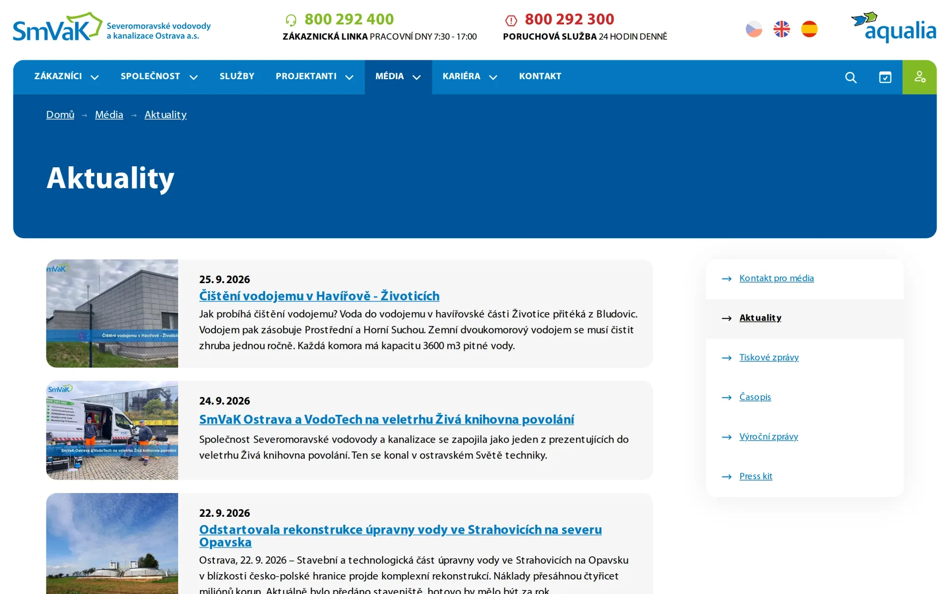 Výpis aktualit SmVaK s datem, náhledem a perexem