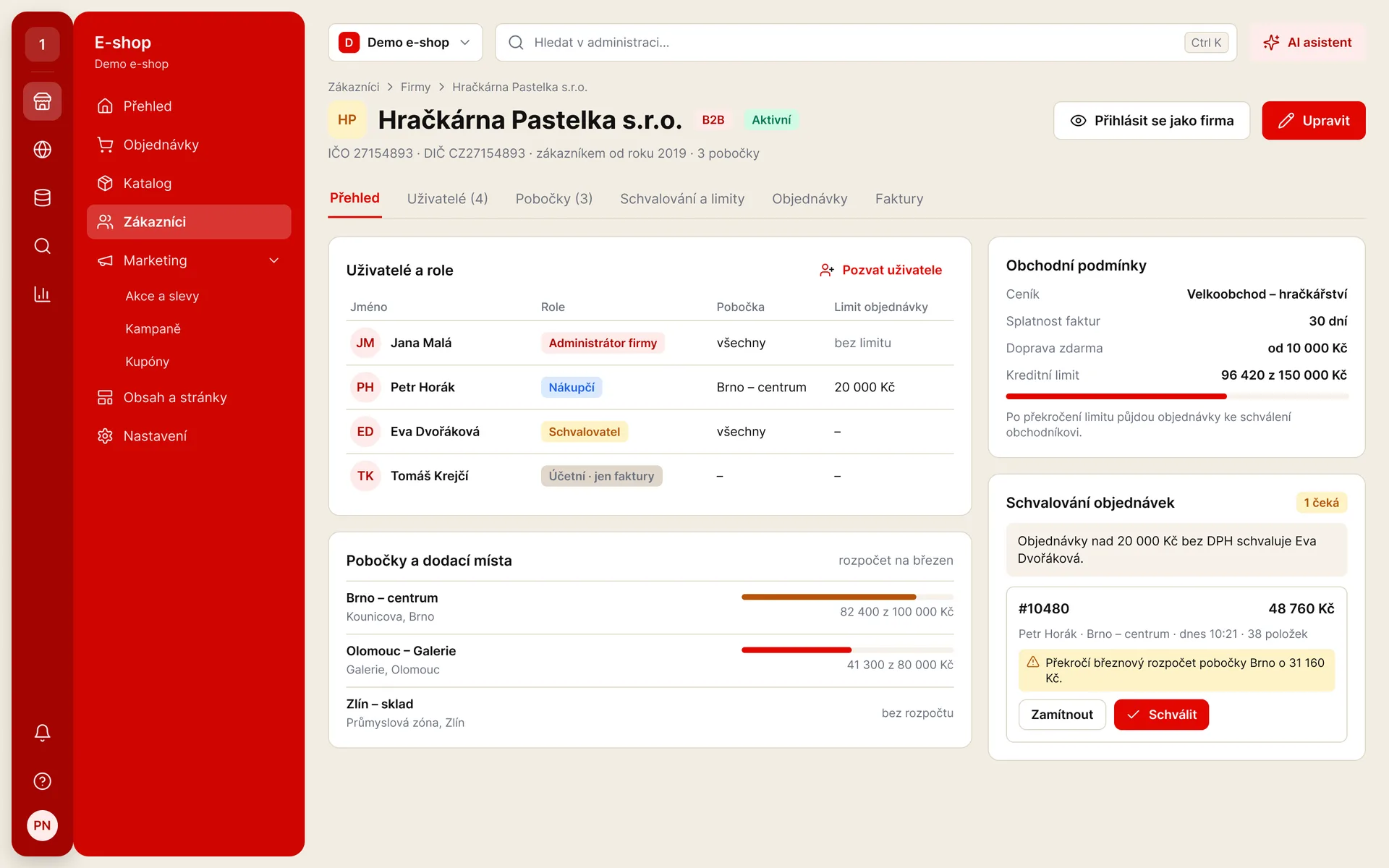 Administrace B2B: firemní účet odběratele s uživateli, rolemi, pobočkami a obchodními podmínkami (ukázková data)