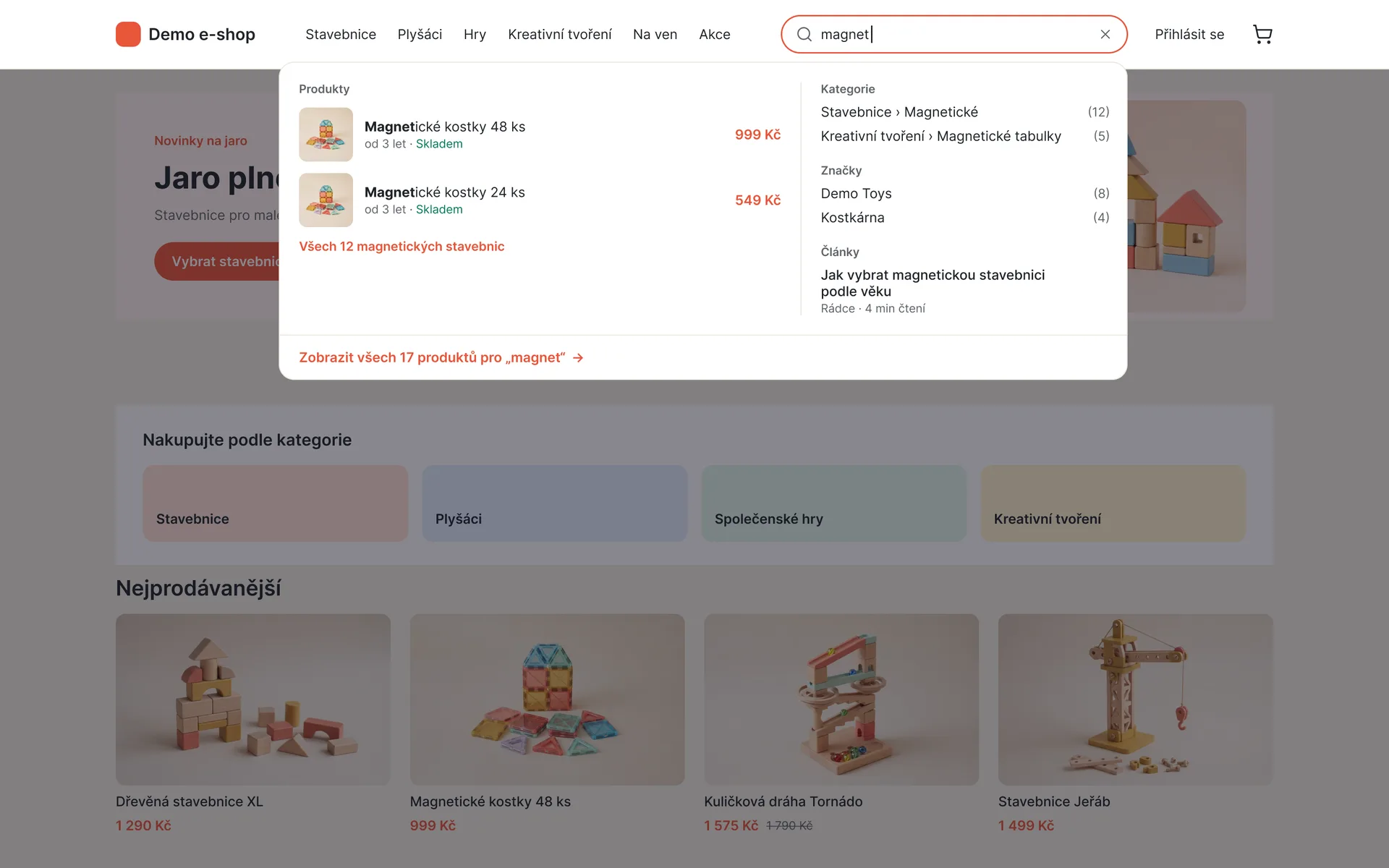 Demo e-shop s UpSearch: našeptávač u slova „magnet“ s produkty, kategoriemi, značkami a články (ukázková data)