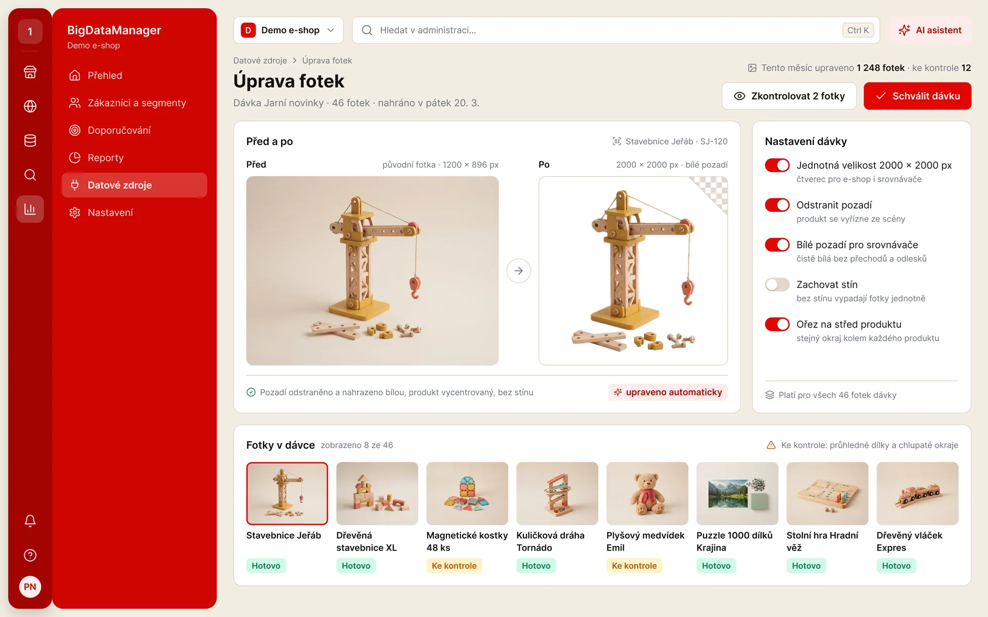 BigDataManager: dávka fotek s jednotnou velikostí a odstraněným pozadím, před a po (ukázková data)