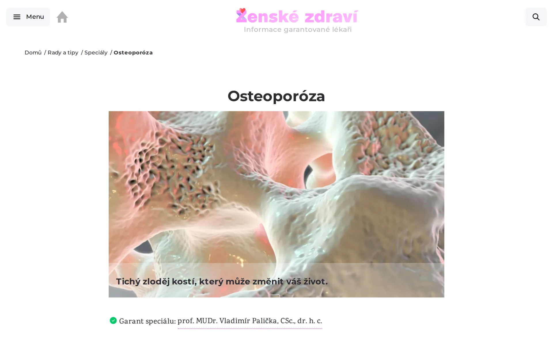 Tematický speciál Osteoporóza s úvodním obrázkem a garantem speciálu