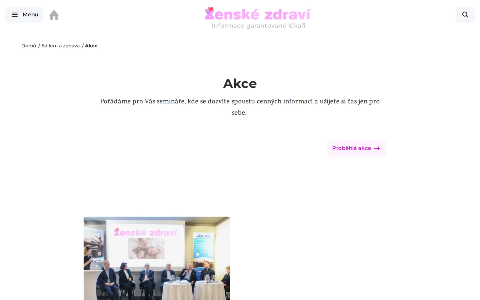 Stránka Akce s úvodním textem a výpisem proběhlých akcí s fotografií