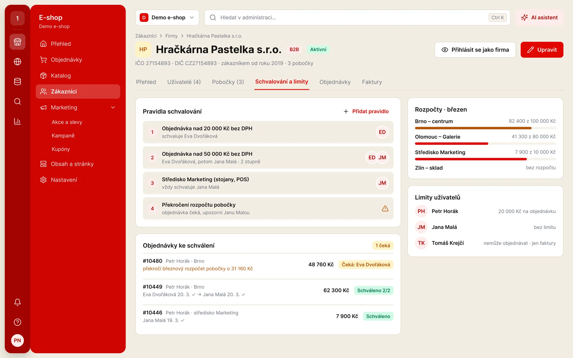 Administrace B2B: pravidla schvalování objednávek, rozpočty poboček, limity uživatelů a objednávky ke schválení (ukázková data)