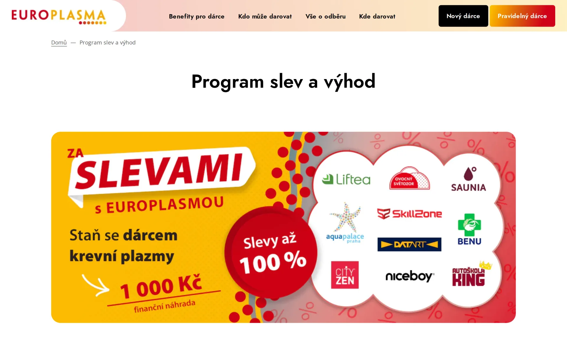 Stránka programu slev a výhod se seznamem partnerů a jejich slev