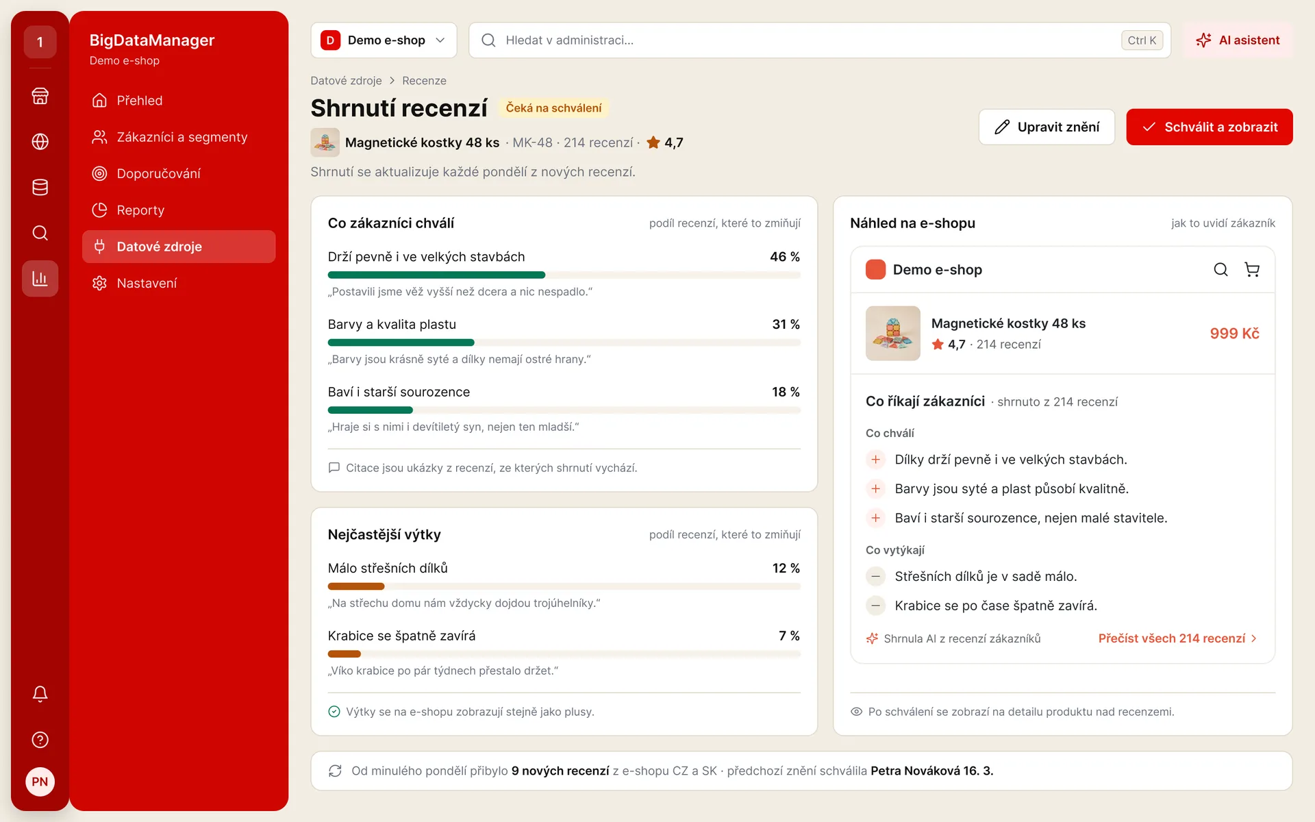 BigDataManager: co zákazníci na produktu chválí a co vytýkají, s náhledem na e-shopu (ukázková data)