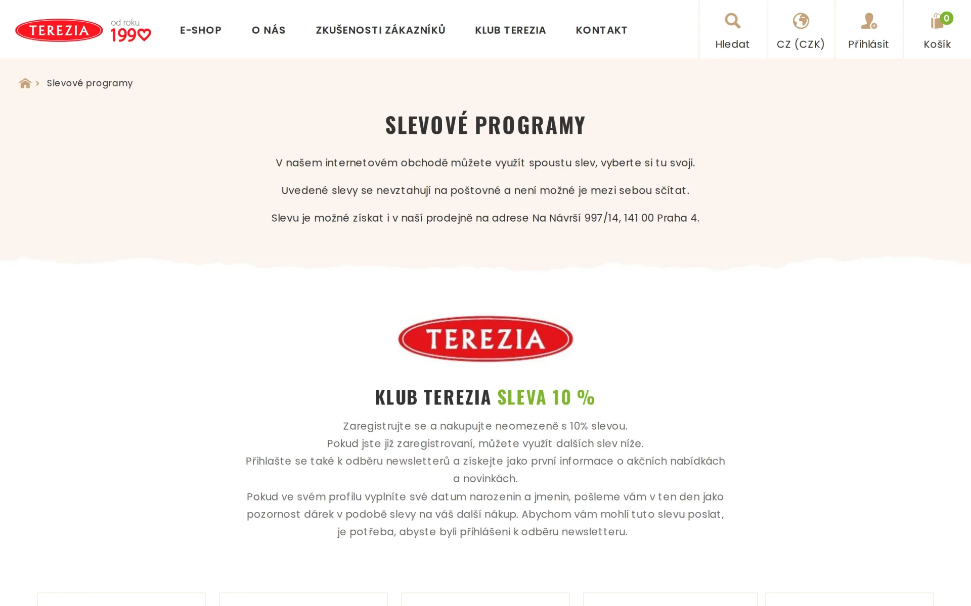 Stránka Slevové programy s Klubem Terezia a slevou 10 % pro registrované