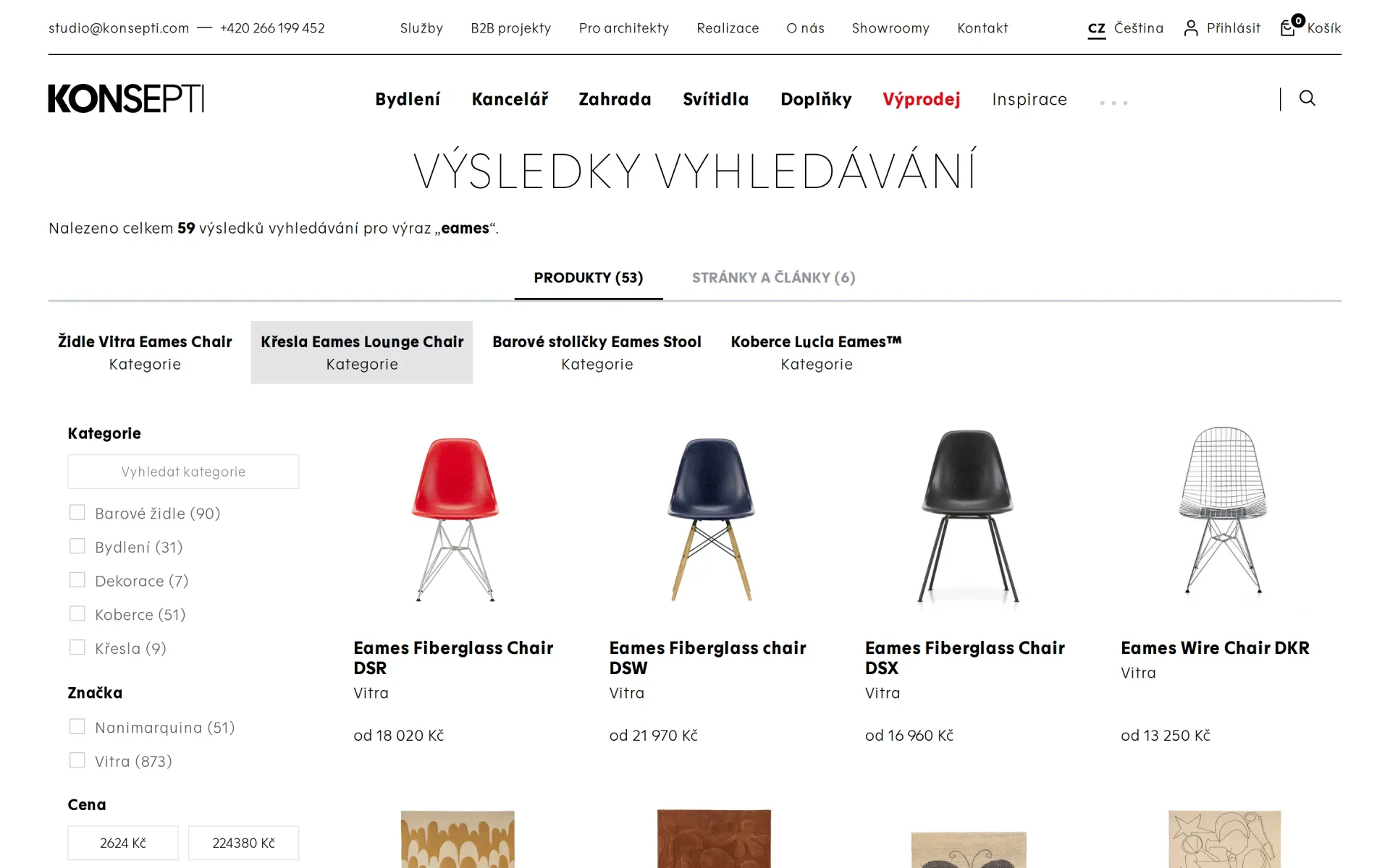 Výsledky vyhledávání na konsepti.com s filtry a produkty