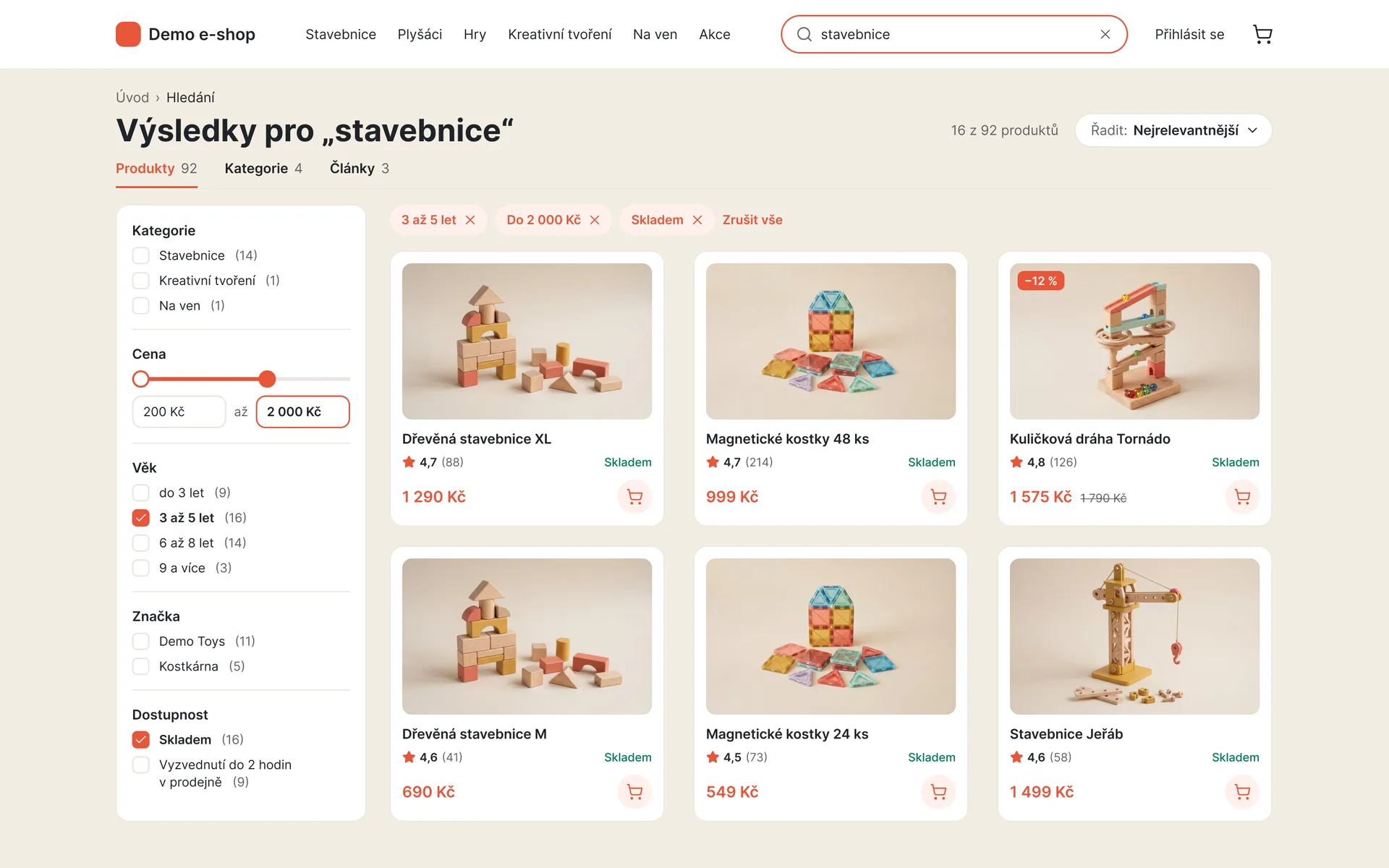 Demo e-shop s UpSearch: výsledky pro „stavebnice“ s filtry kategorie, ceny, věku, značky a dostupnosti (ukázková data)