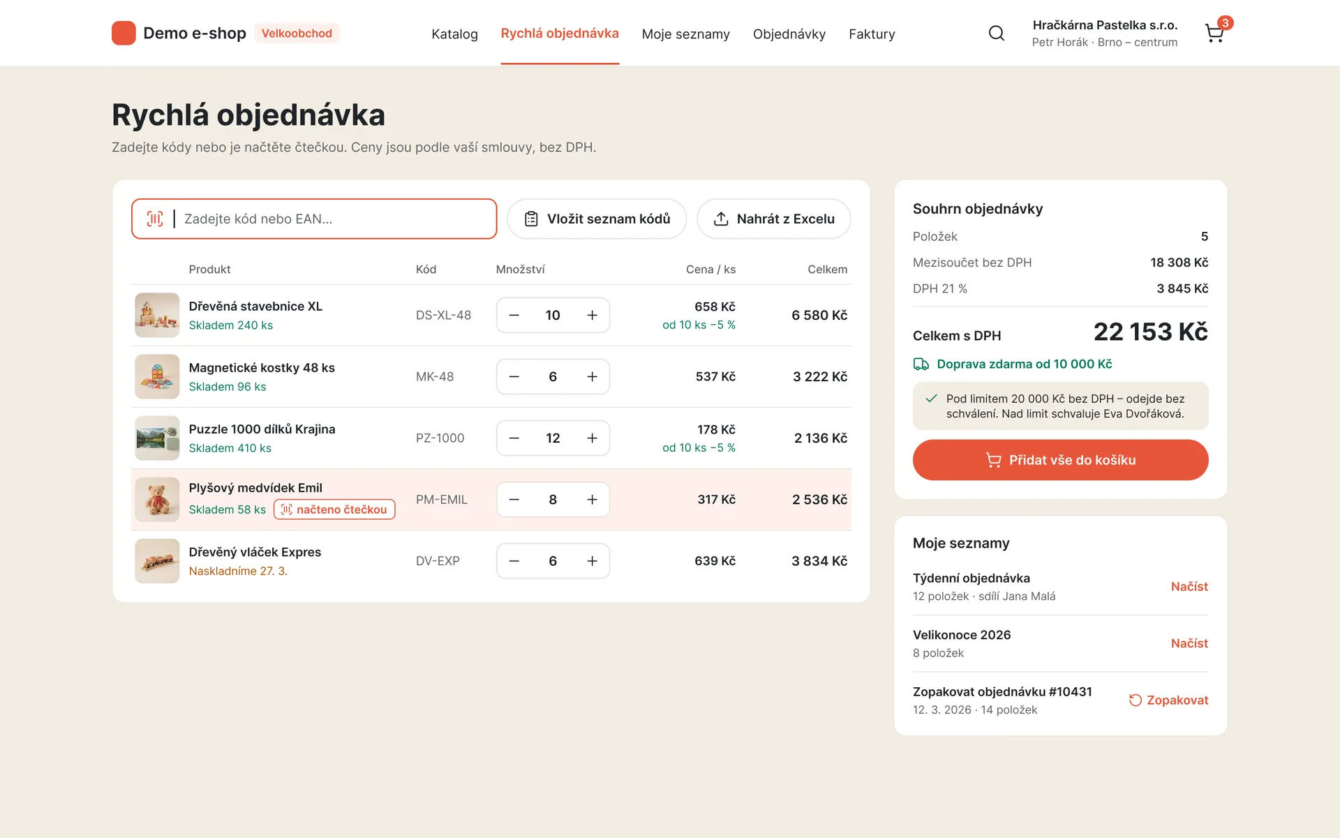 B2B portál: rychlá objednávka podle kódů s cenami odběratele a souhrnem (ukázková data)