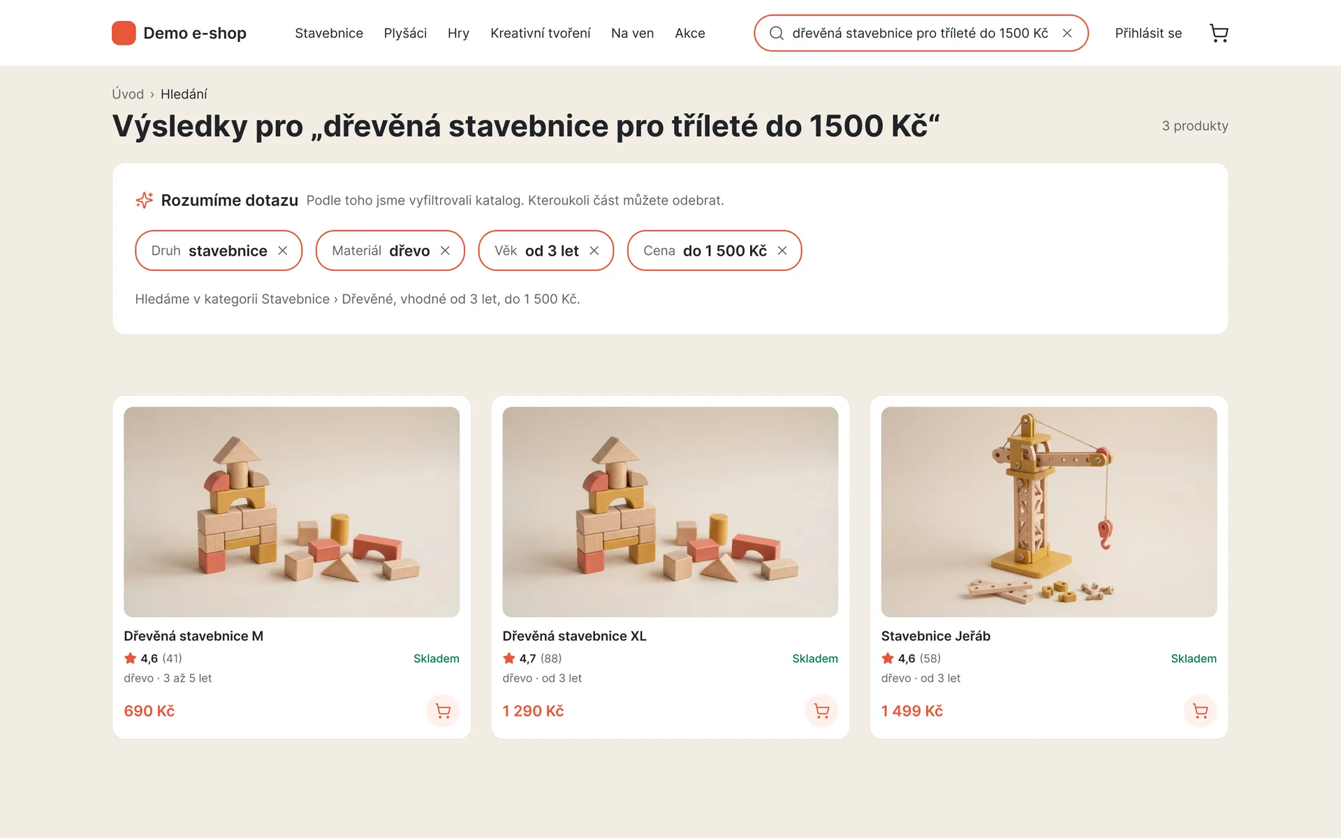 Demo e-shop s UpSearch: dotaz „dřevěná stavebnice pro tříleté do 1500 Kč“ rozložený na druh zboží, materiál, věk a cenu (ukázková data)