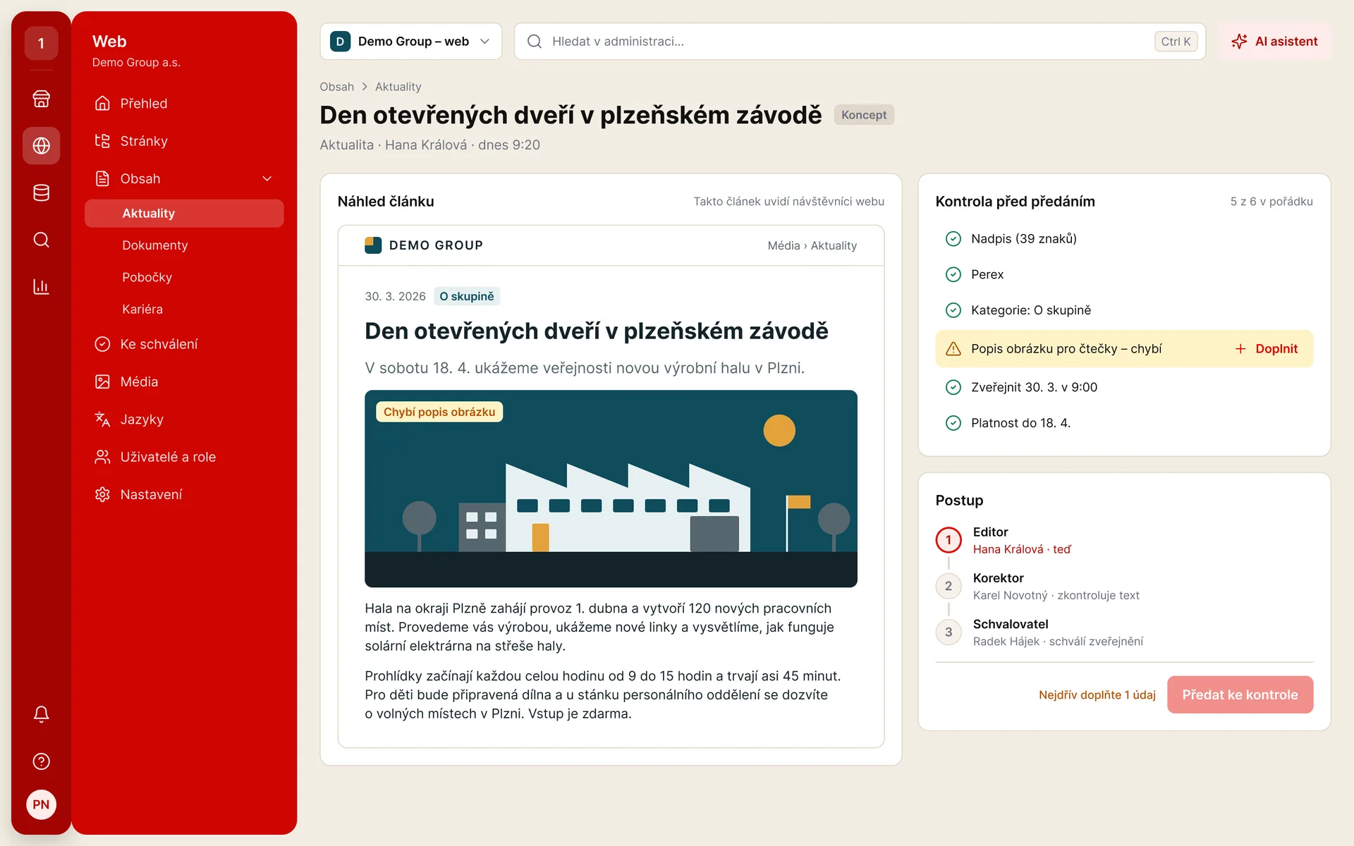 ePublisher: kontrola povinných údajů aktuality před předáním korektorovi (ukázková data)