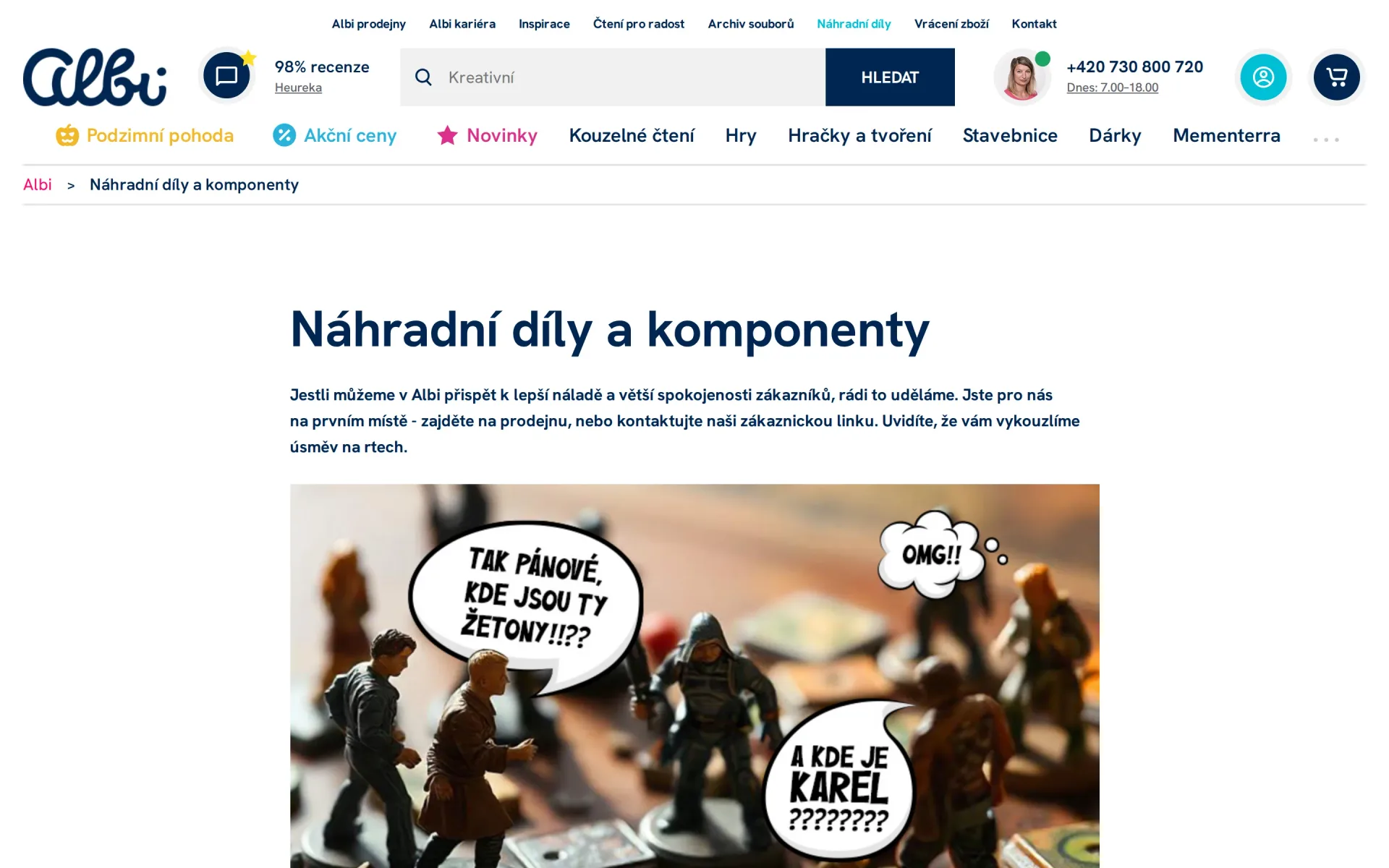 Stránka Náhradní díly a komponenty na albi.cz s formulářem pro vyžádání dílů