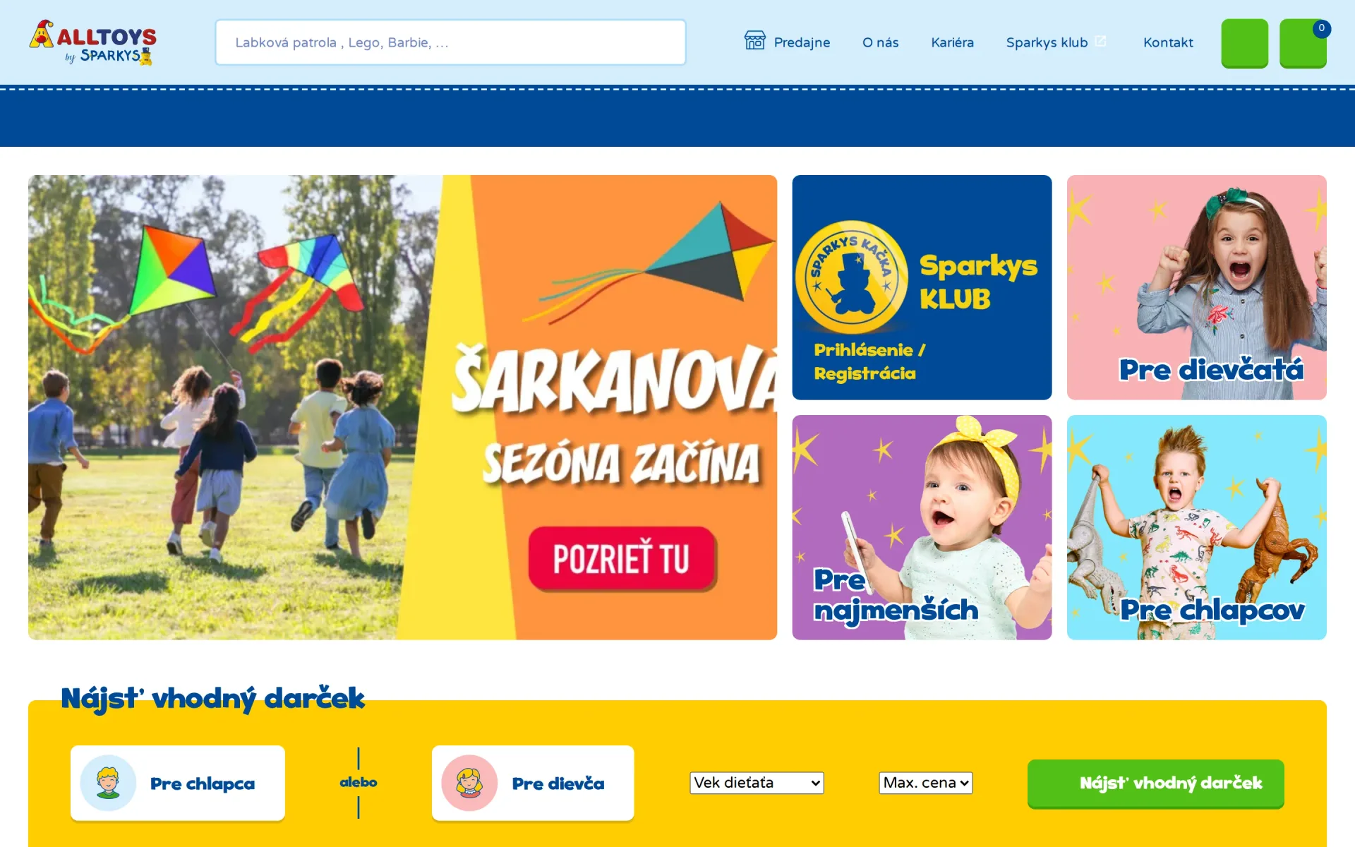 Úvodní stránka slovenského e-shopu ALLTOYS by Sparkys s bannery a rozcestníkem