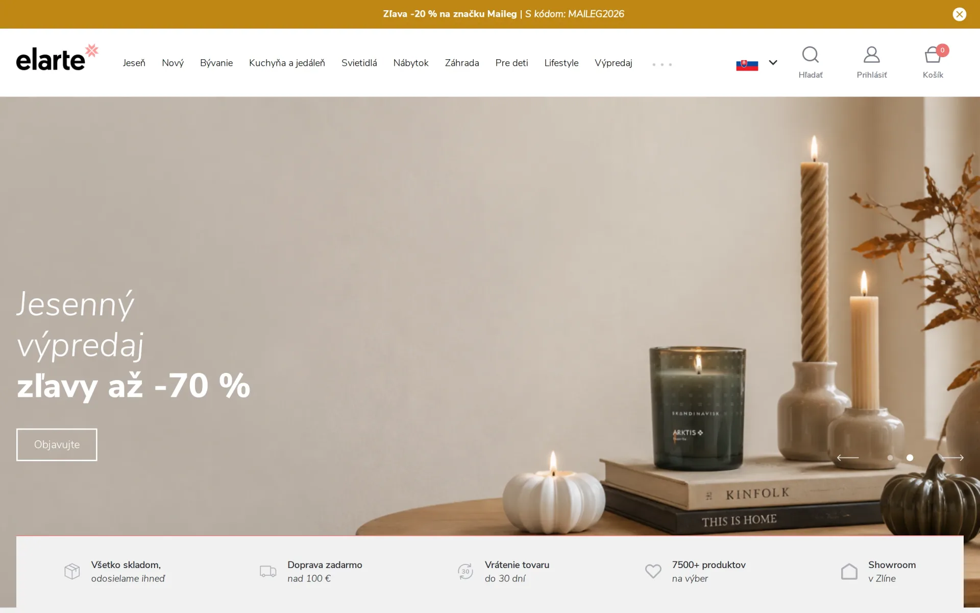 Úvodní stránka slovenského e-shopu elarte.sk s cenami v eurech na počítači.