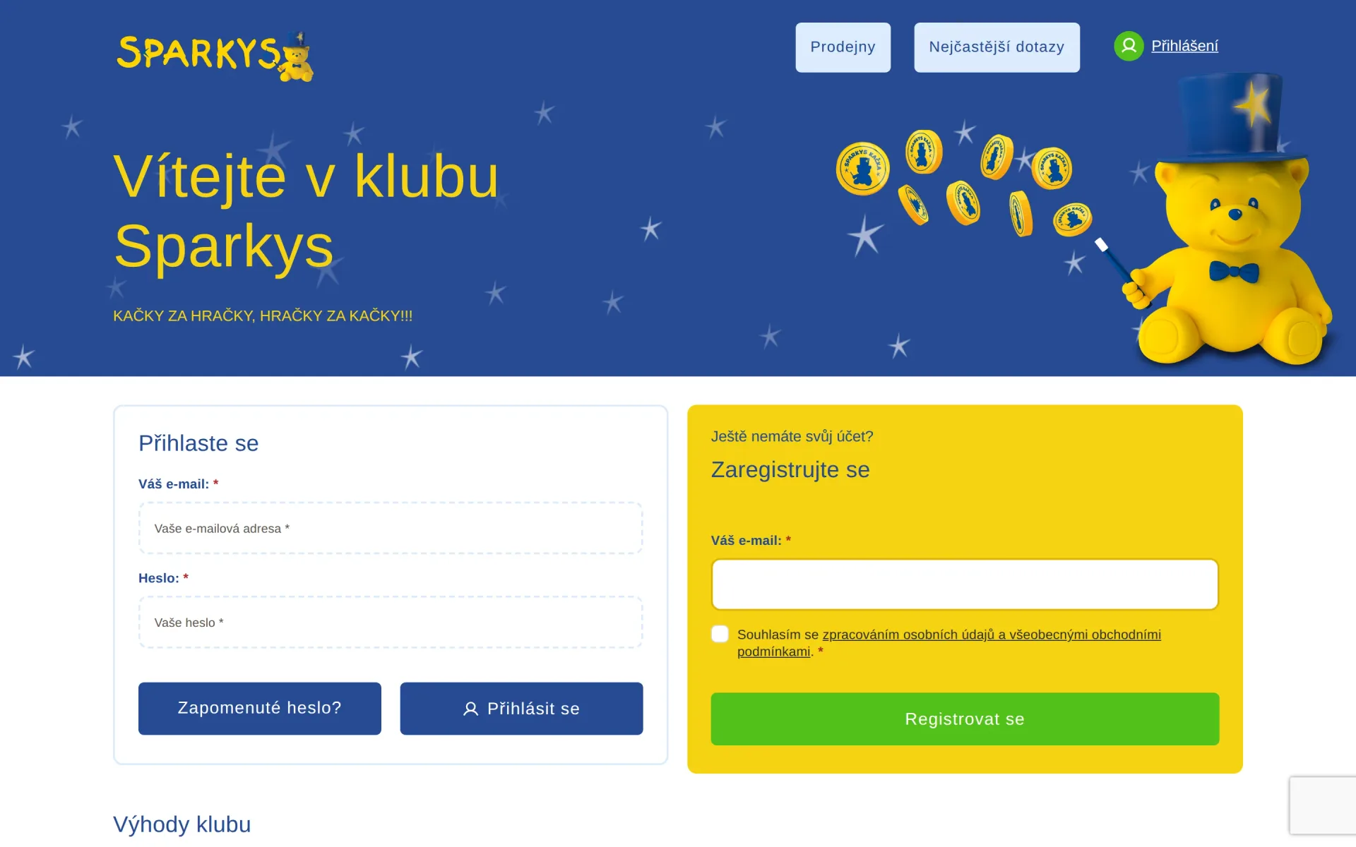 Úvodní stránka věrnostního klubu Sparkys s přihlášením, registrací a výhodami klubu