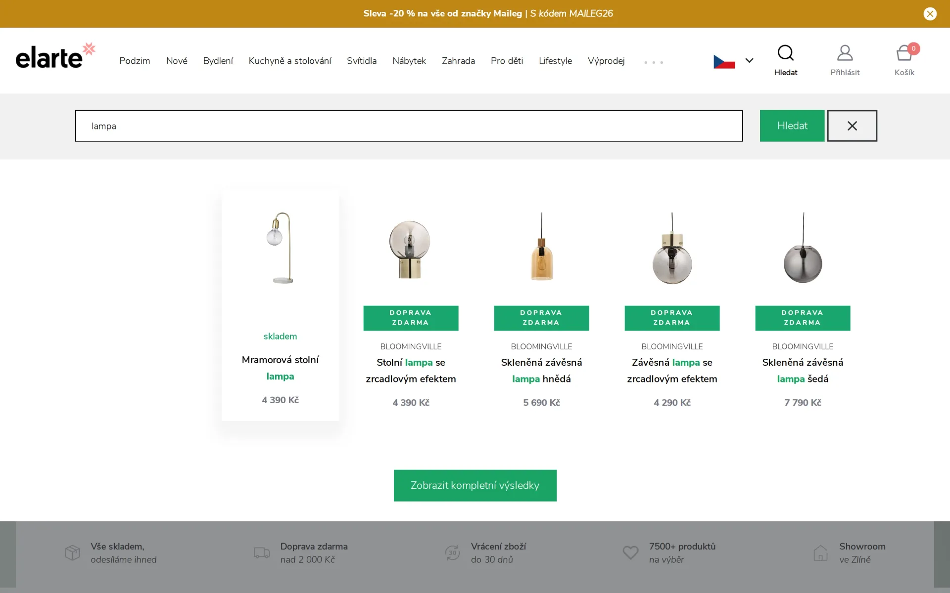 Rozbalený našeptávač vyhledávání po zadání slova lampa s návrhy produktů na počítači.