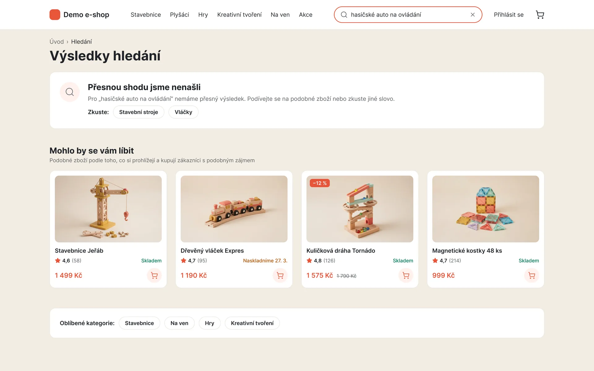 Demo e-shop s UpSearch: dotaz bez přesné shody a místo prázdné stránky podobné zboží (ukázková data)