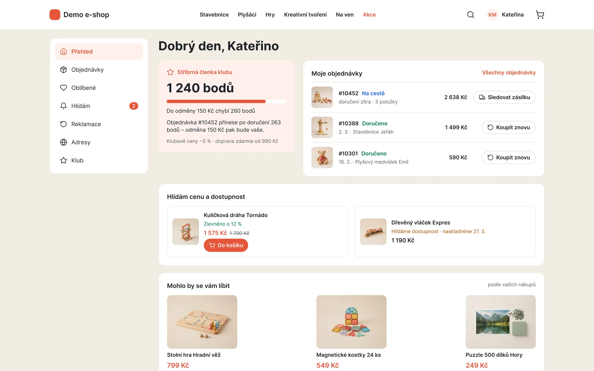 Zákaznický účet na e-shopu: body, objednávky, hlídání ceny a doporučení (ukázková data)