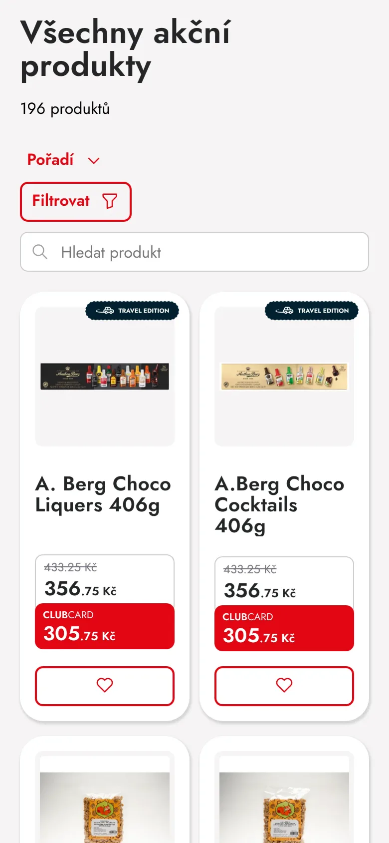 Akční produkty na mobilu s běžnou, akční a klubovou cenou
