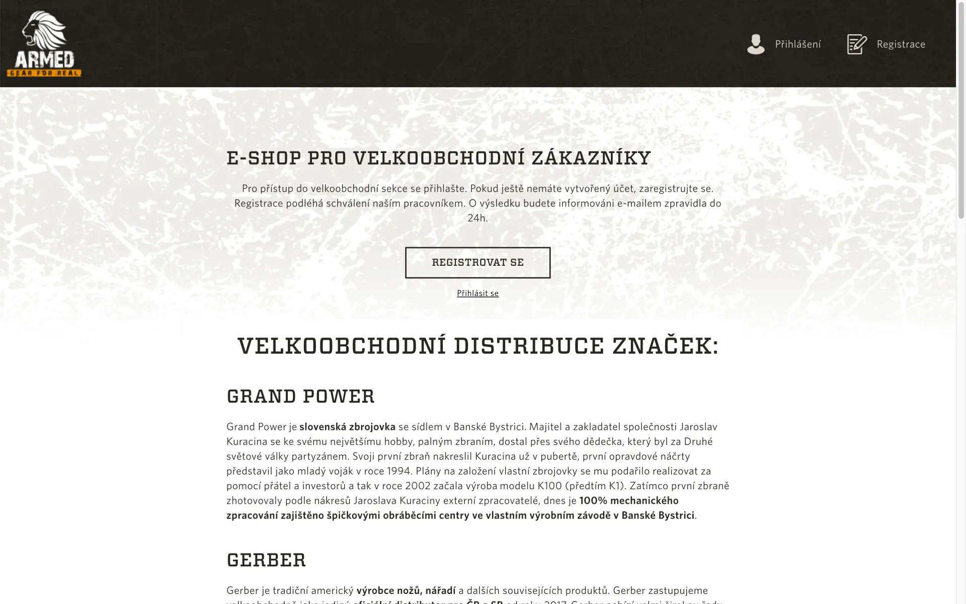 Velkoobchodní web b2b.armed.cz s registrací pro velkoobchodní zákazníky a přehledem distribuovaných značek
