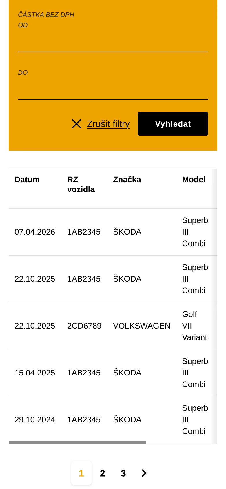 Historie návštěv v Klubovně na mobilu: filtr daňových dokladů a seznam návštěv po vozech, ukázková data.