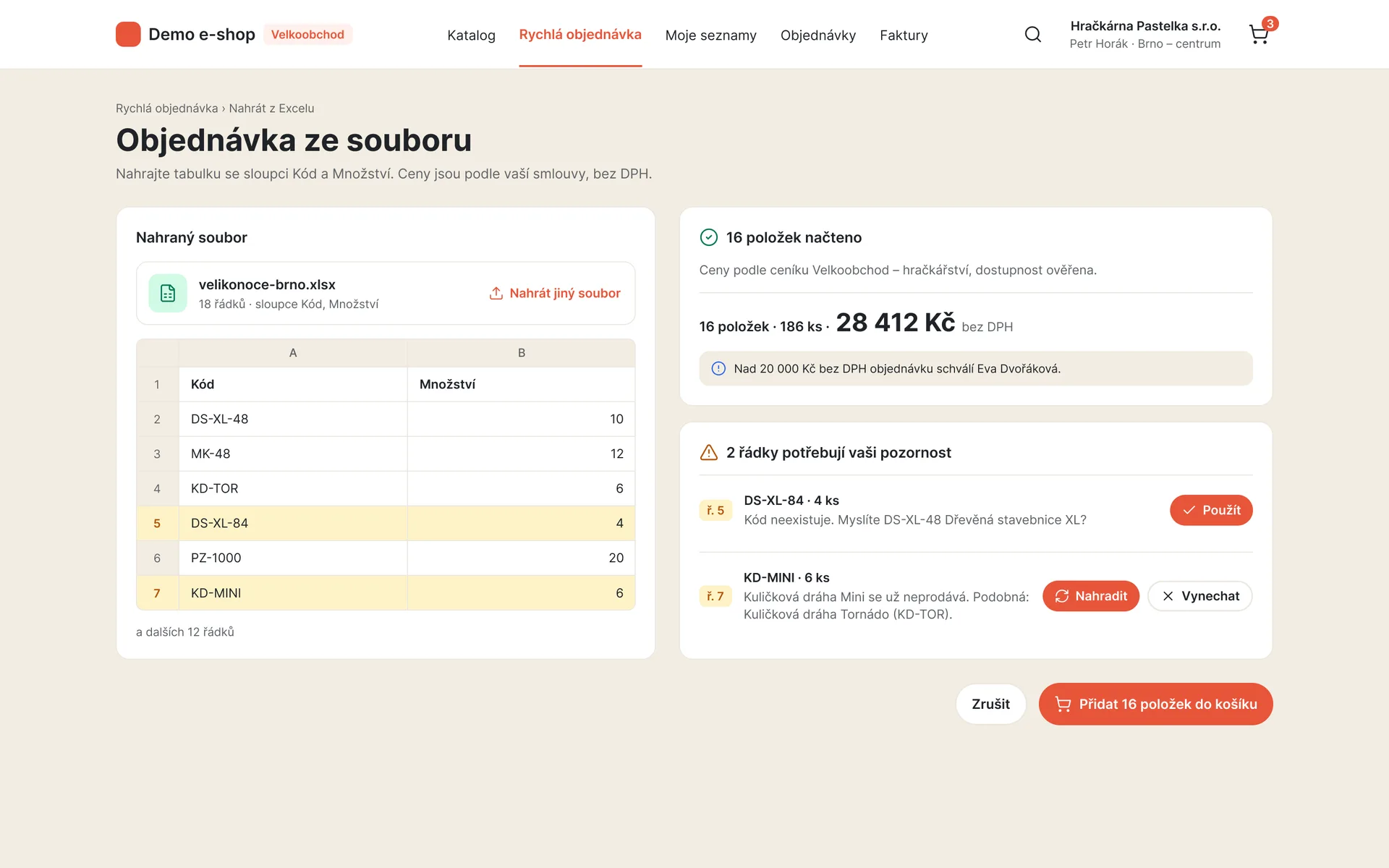 B2B portál: objednávka nahraná z tabulky s kontrolou kódů a návrhem opravy (ukázková data)