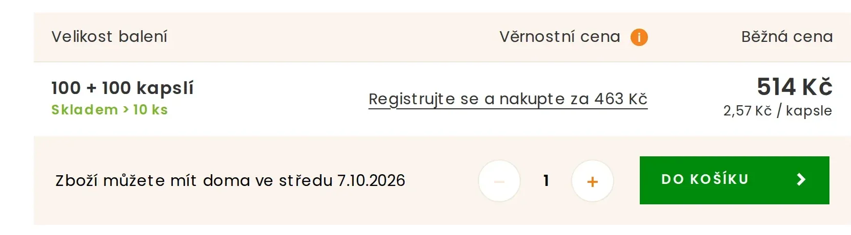Výběr balení na detailu přípravku: skladem více než 10 kusů, věrnostní a běžná cena a předpokládané datum doručení