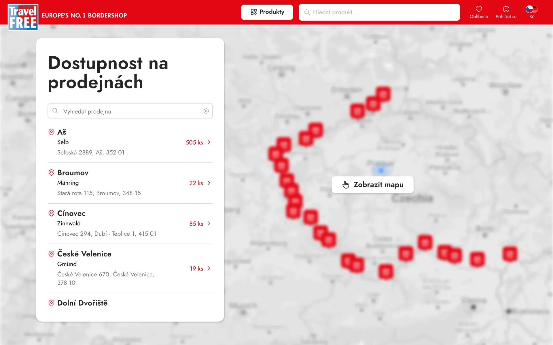 Dostupnost Becherovky na prodejnách s počtem kusů a mapou prodejen podél hranice