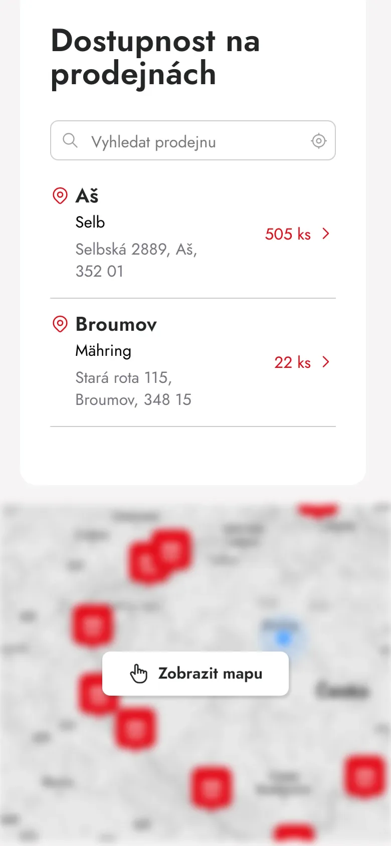 Dostupnost produktu na prodejnách na mobilu