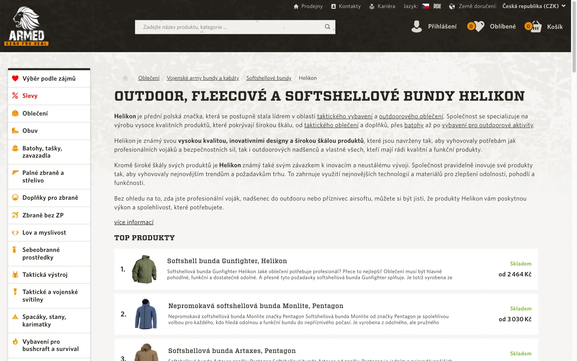 Stránka softshellových bund značky Helikon vzniklá z kombinace filtrů, s popisem a nejprodávanějšími produkty