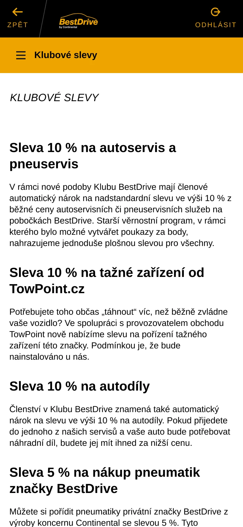 Klubové slevy členů Klubu BestDrive v Klubovně na mobilu.