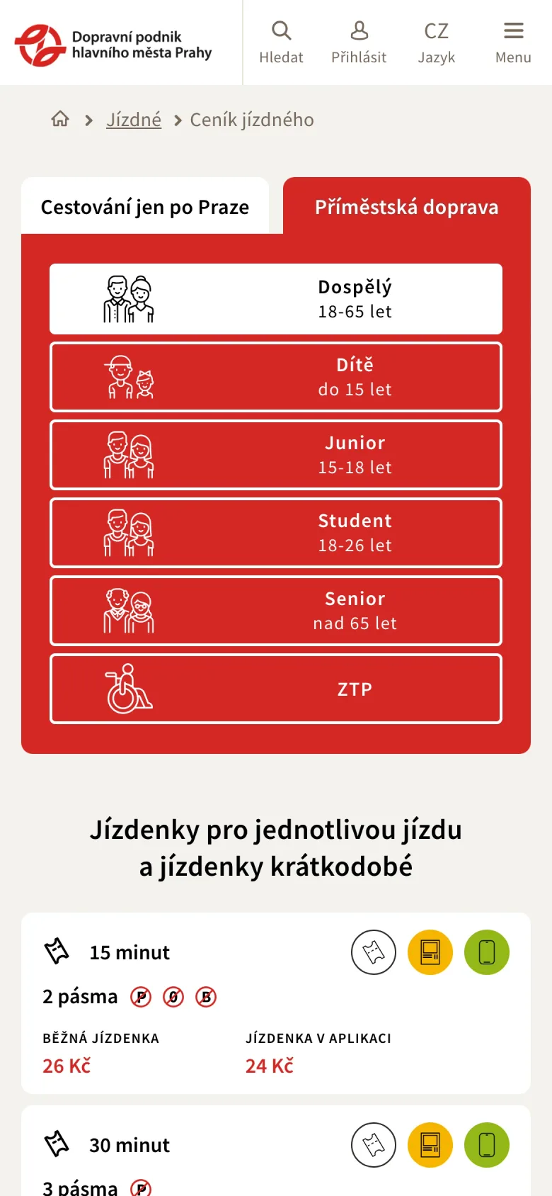Ceník jízdného v příměstské dopravě na mobilu s volbou skupiny cestujících