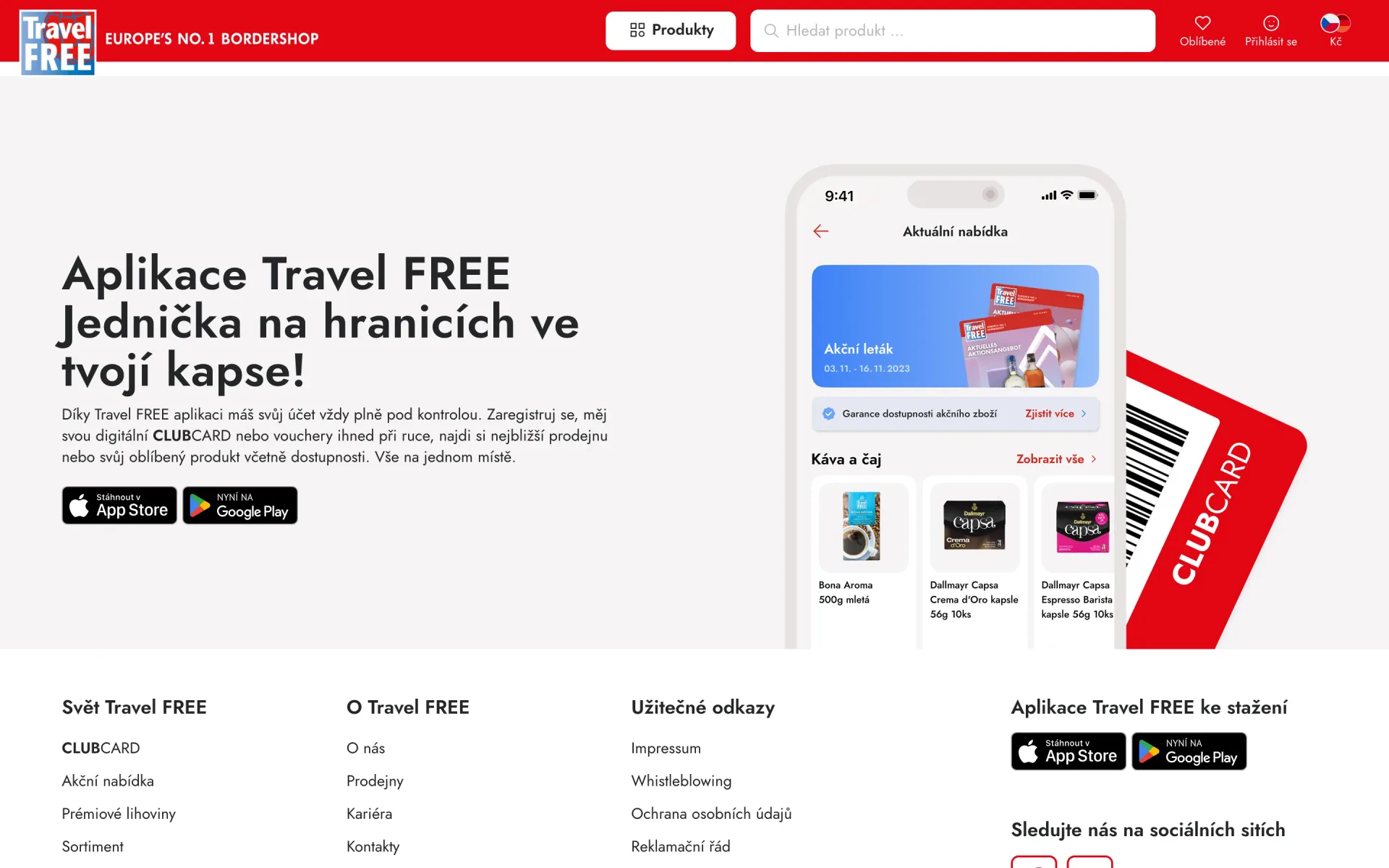 Představení aplikace Travel FREE na stránce CLUBCARD s ukázkou aktuální nabídky v telefonu
