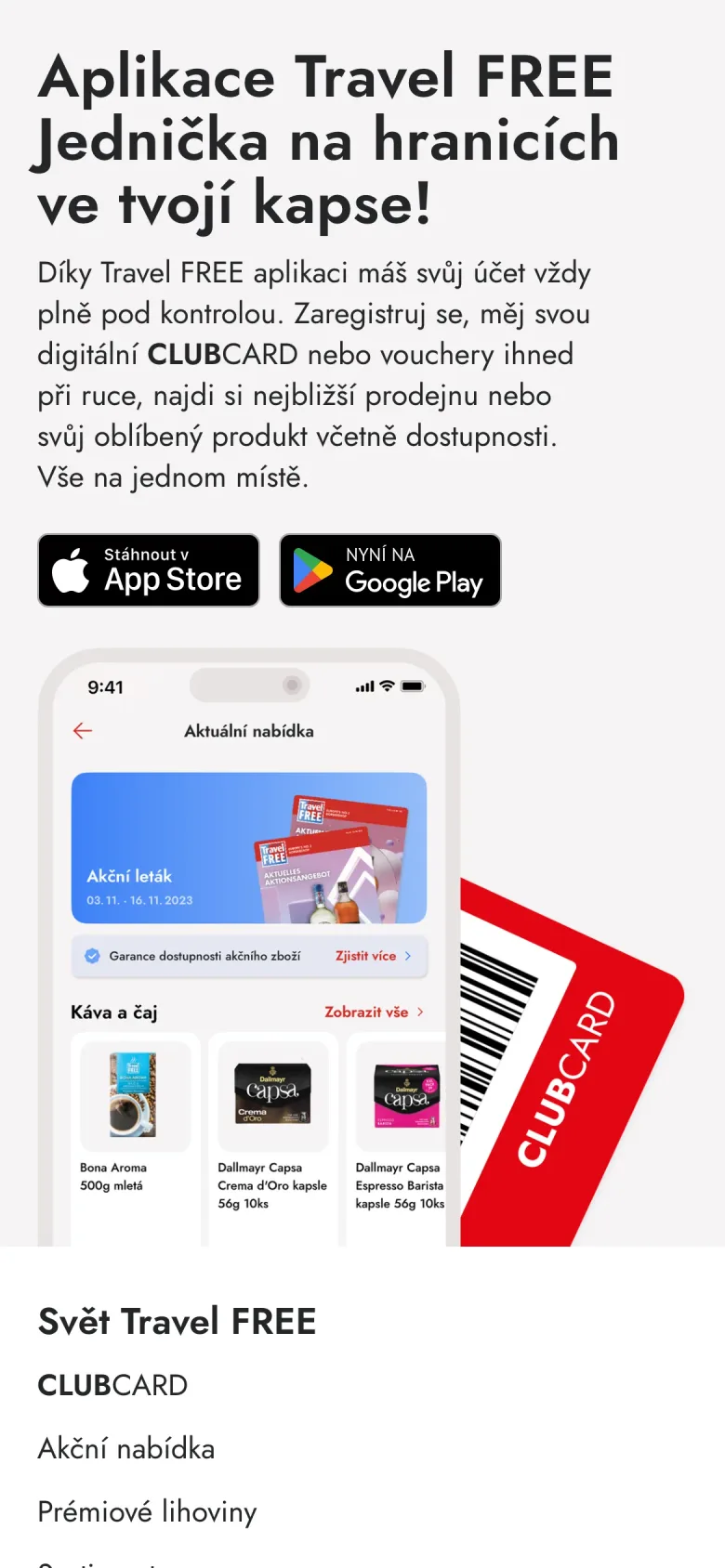 Aplikace Travel FREE na stránce CLUBCARD na mobilu