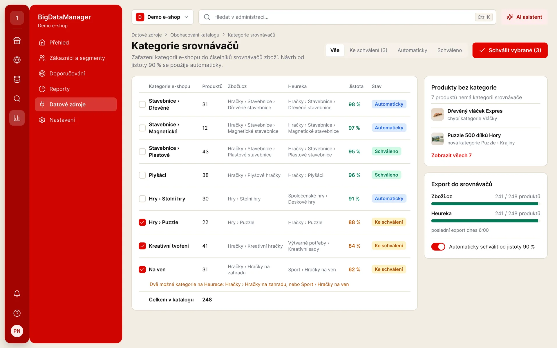 BigDataManager: návrh zařazení kategorií e-shopu do kategorií Zboží.cz a Heureky s jistotou a schvalováním (ukázková data)