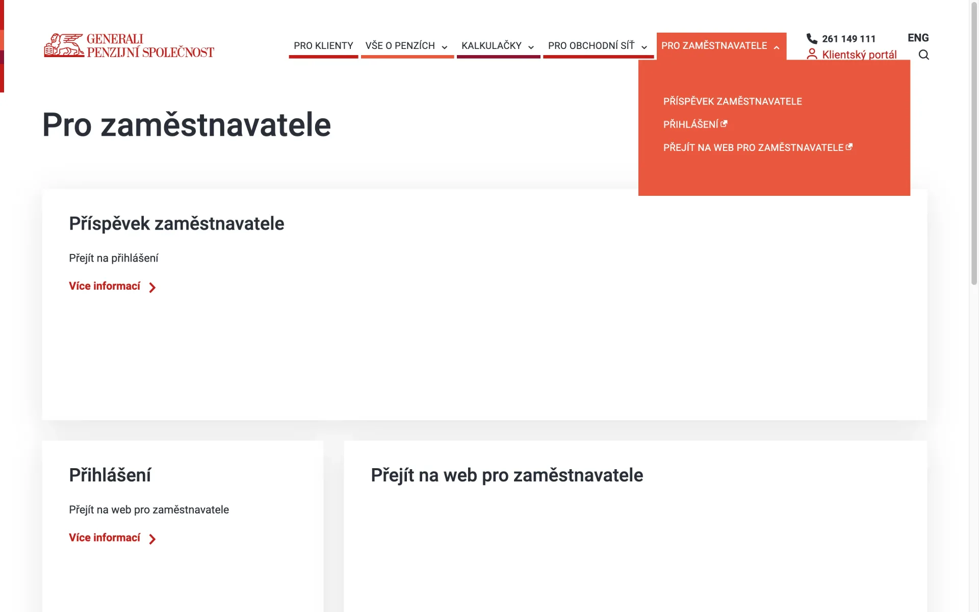Sekce Pro zaměstnavatele s rozbaleným menu a rozcestníkem obsahu