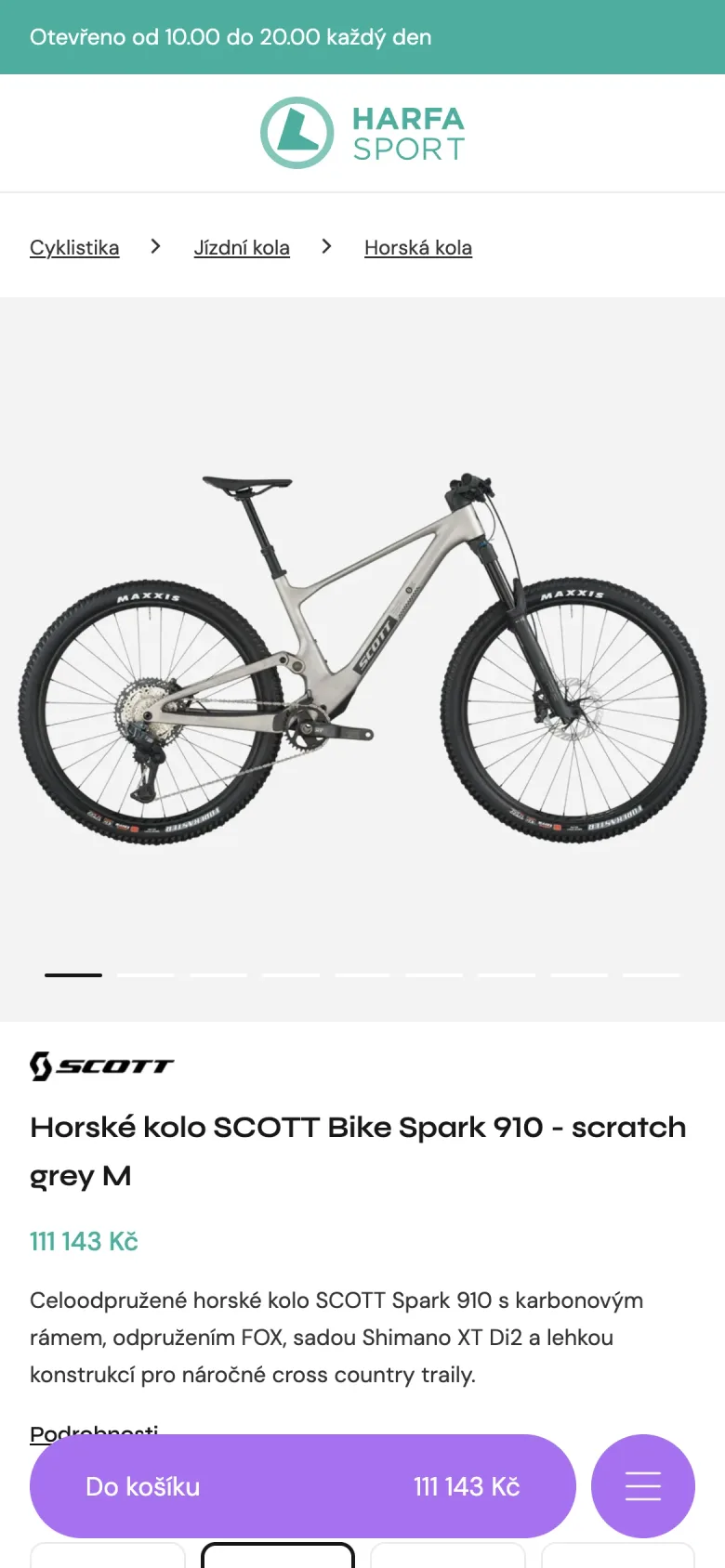 Detail horského kola SCOTT Spark na mobilu s fotkou, cenou a popisem