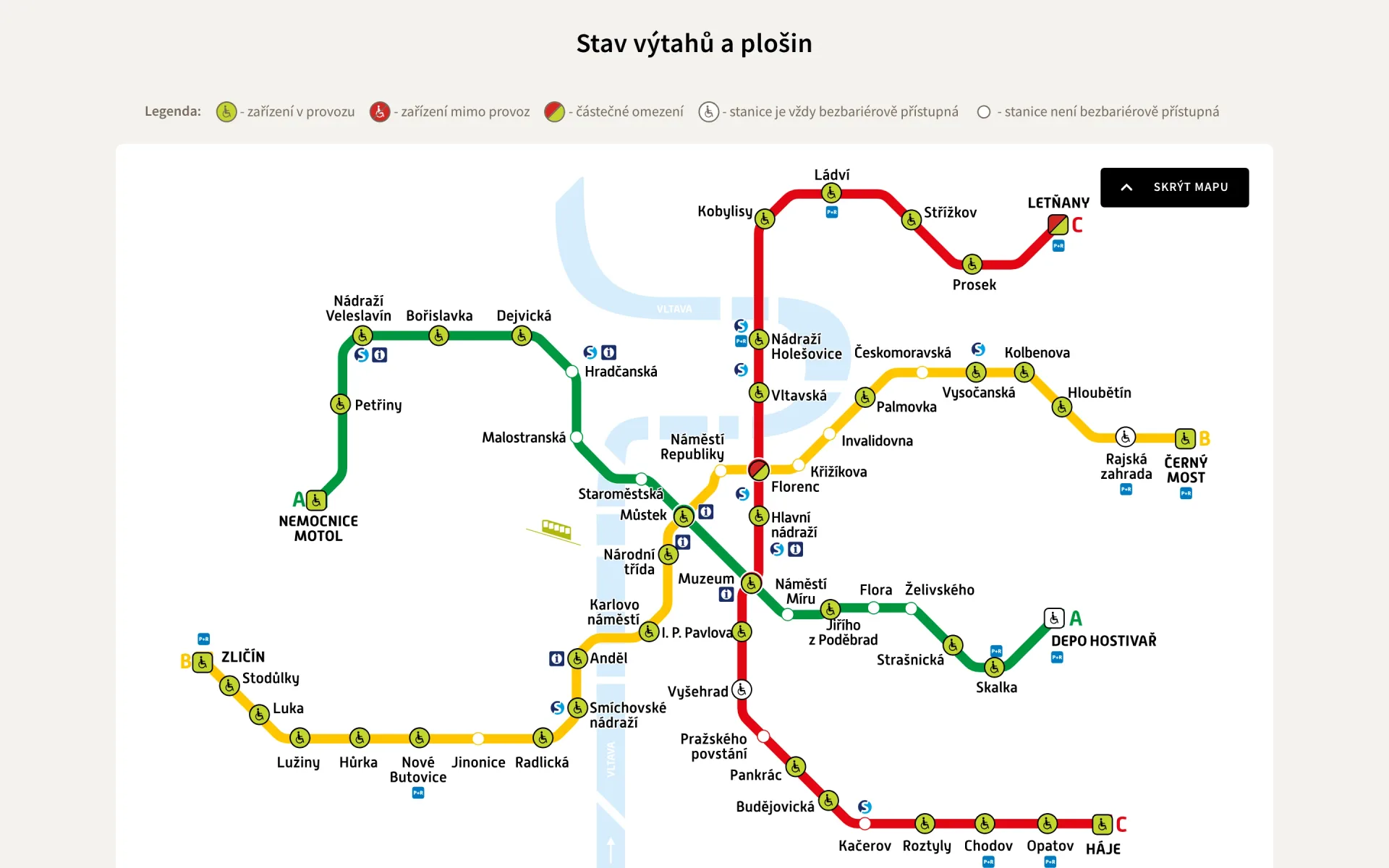 Schéma metra se stavem výtahů a plošin ve stanicích