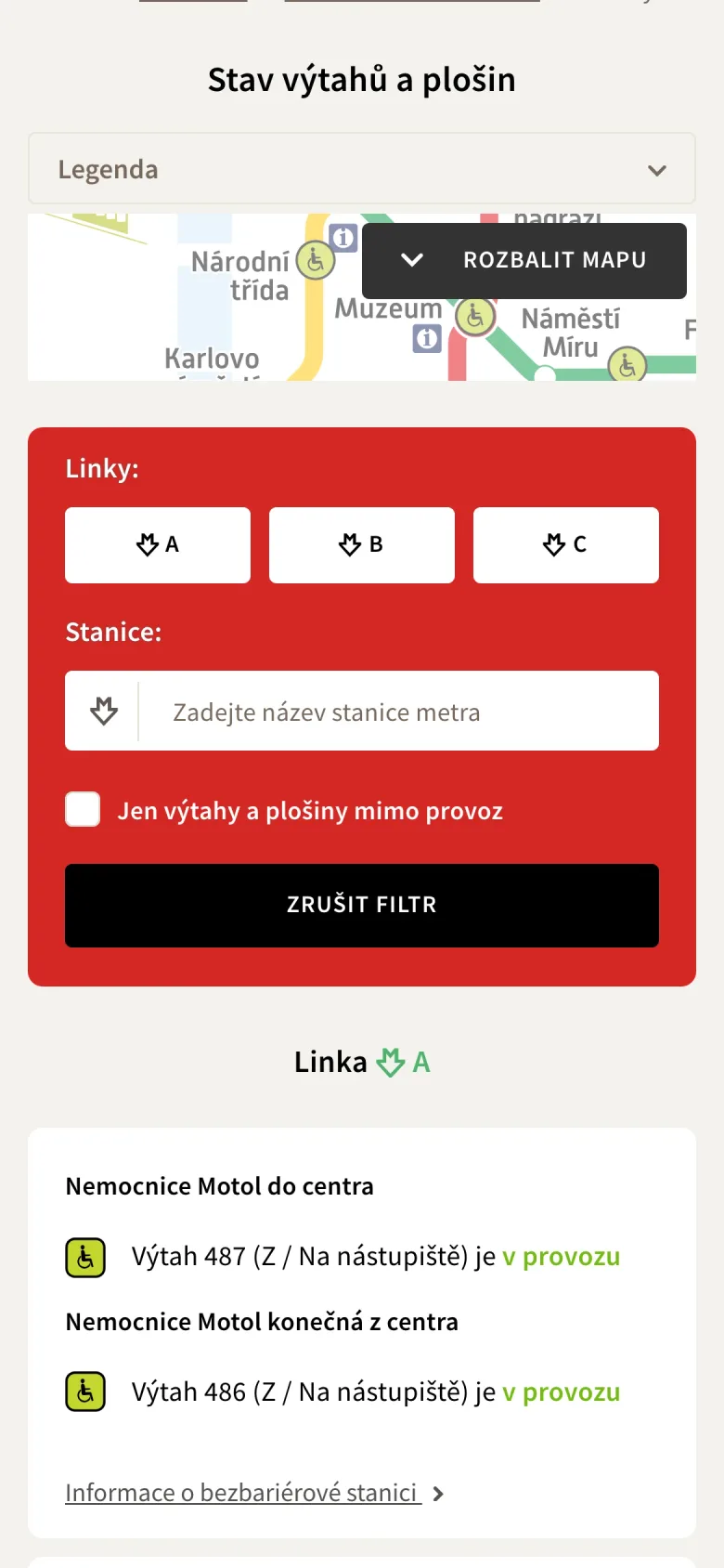 Stav výtahů a plošin na mobilu s filtrem podle linky a stanice