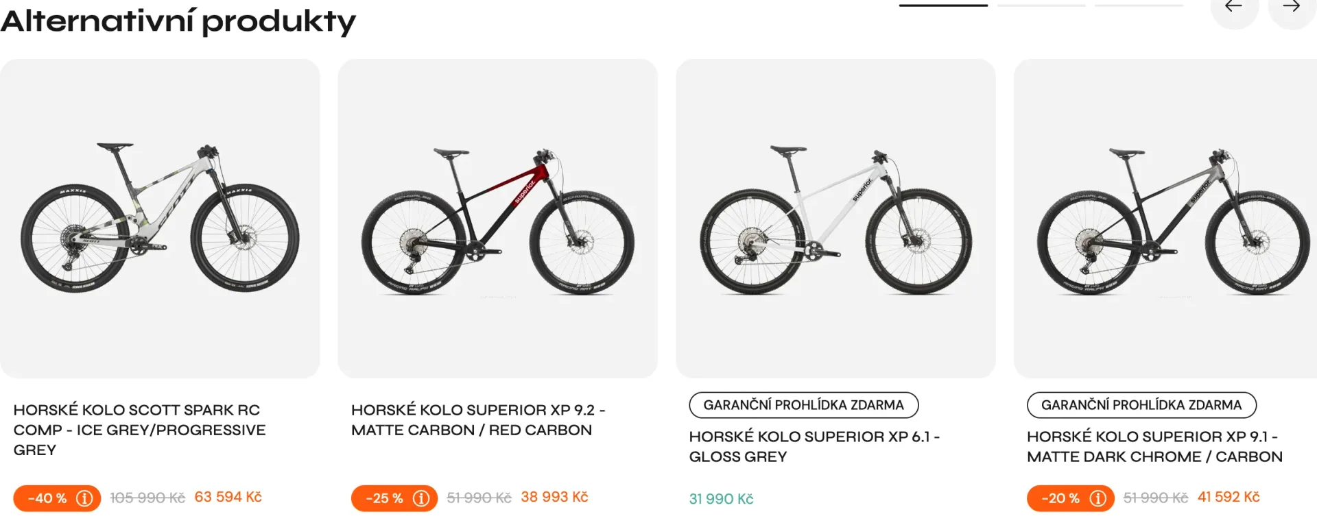 Pás alternativních horských kol na detailu produktu s cenami
