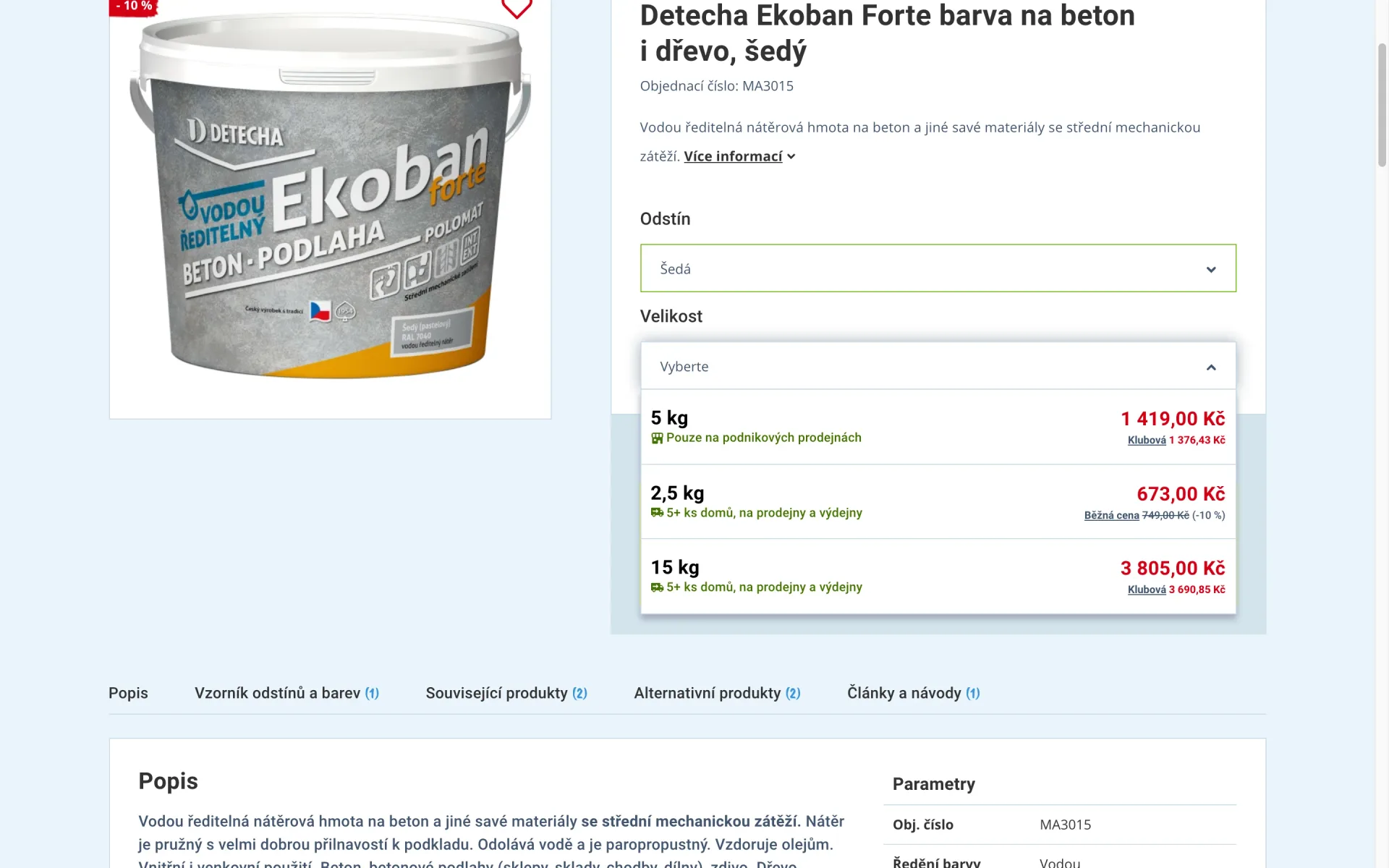 Výběr balení barvy Ekoban Forte s běžnou a klubovou cenou u každé velikosti