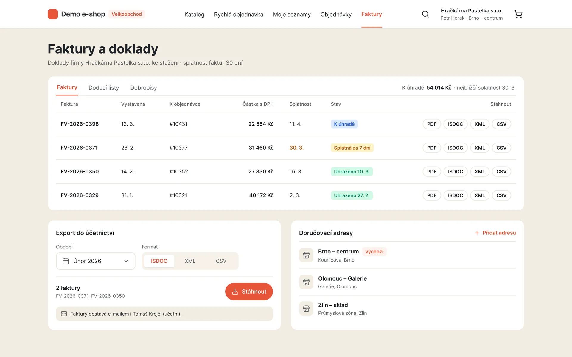B2B portál: faktury ke stažení v PDF, ISDOC, XML a CSV, export do účetnictví a doručovací adresy (ukázková data)