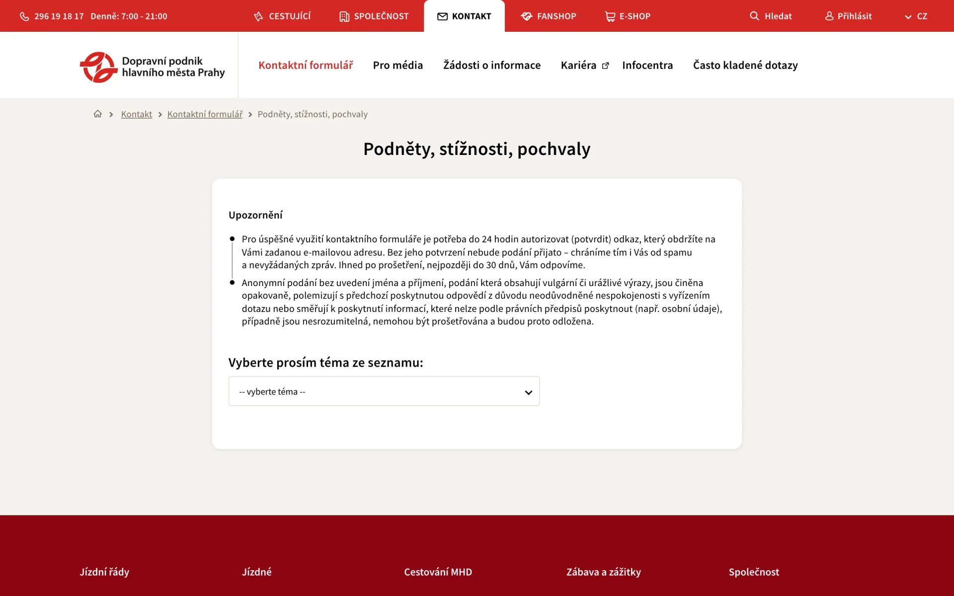Formulář pro podněty, stížnosti a pochvaly s výběrem tématu