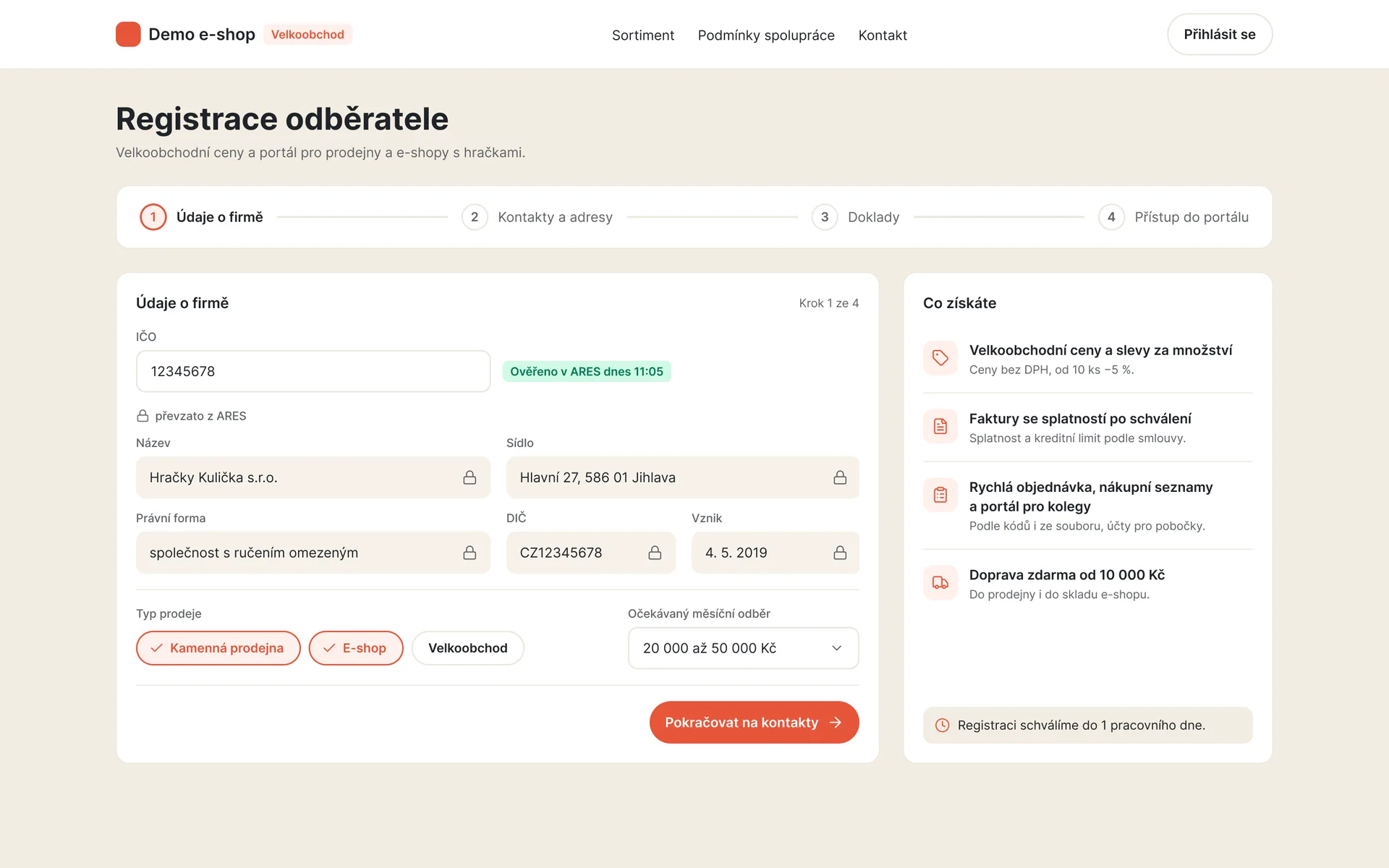 B2B portál: registrace odběratele s údaji ověřenými v ARES (ukázková data)