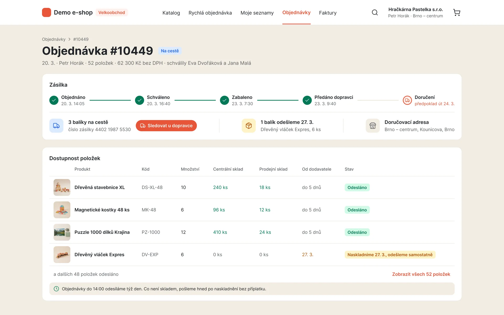 B2B portál: stav zásilky a dostupnost položek objednávky po skladech (ukázková data)