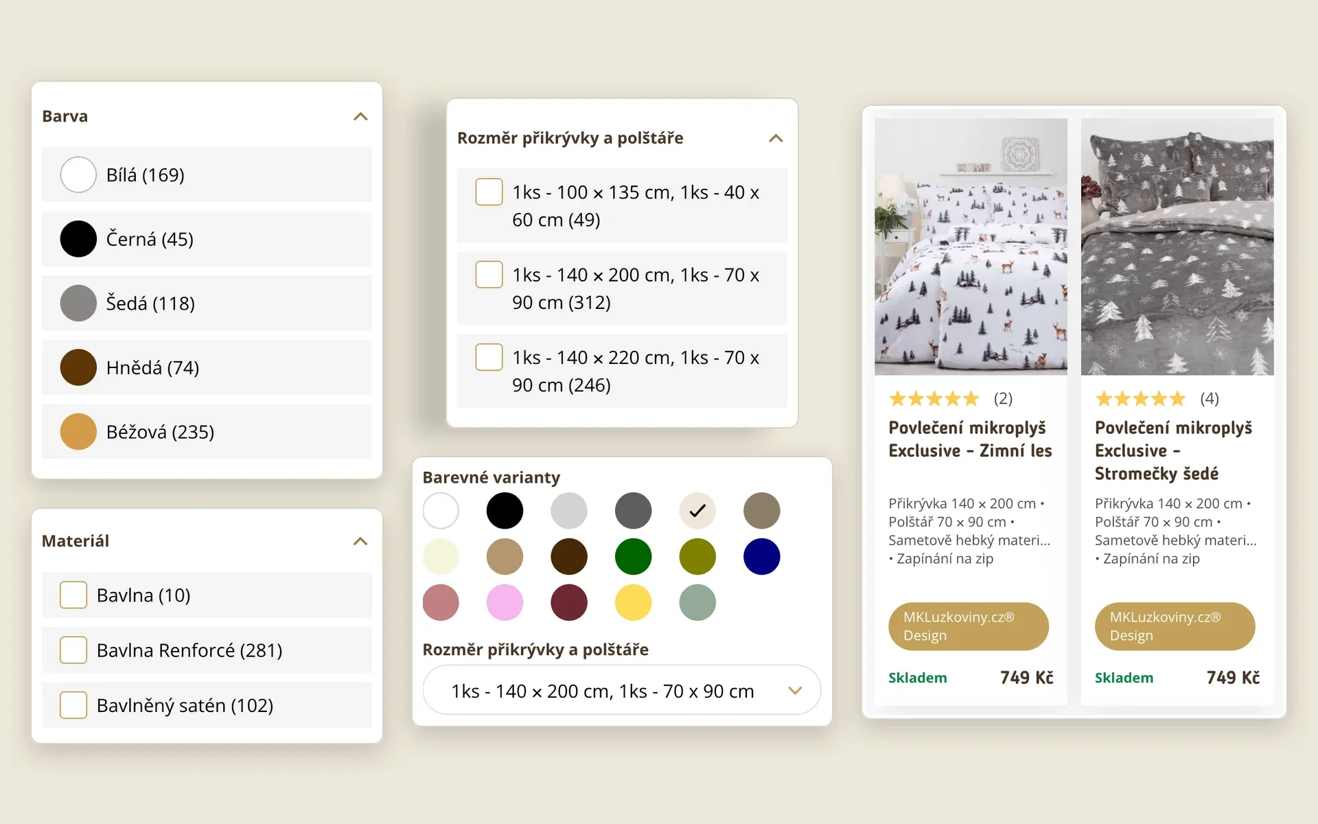Koláž z e-shopu: filtry povlečení podle barvy, materiálu a rozměru, část nabídky a výběr odstínu a rozměru u produktu