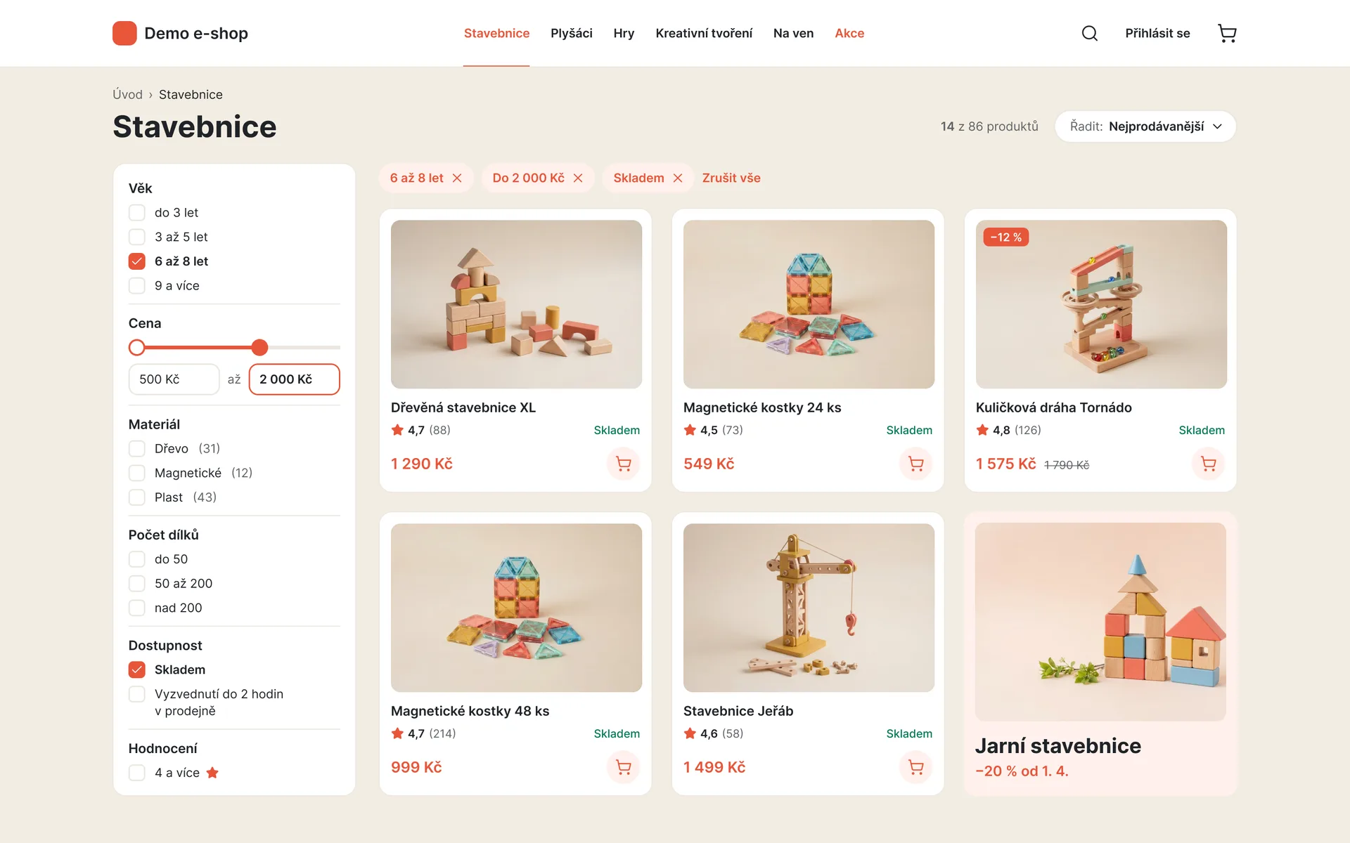 E-shop: kategorie Stavebnice s filtry podle věku, ceny, materiálu a dostupnosti (ukázková data)