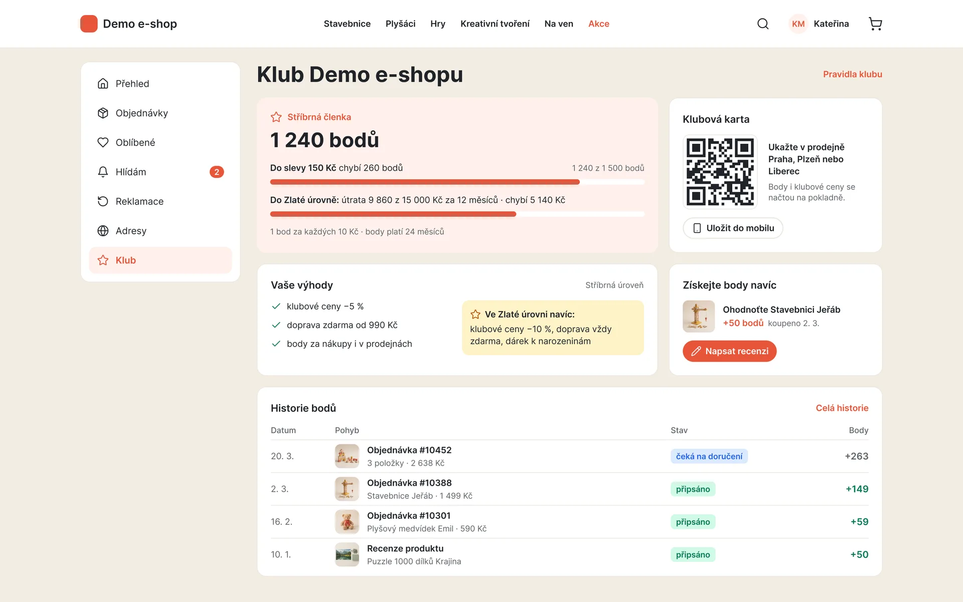 E-shop: věrnostní klub po přihlášení – body, úroveň, výhody a historie bodů (ukázková data)