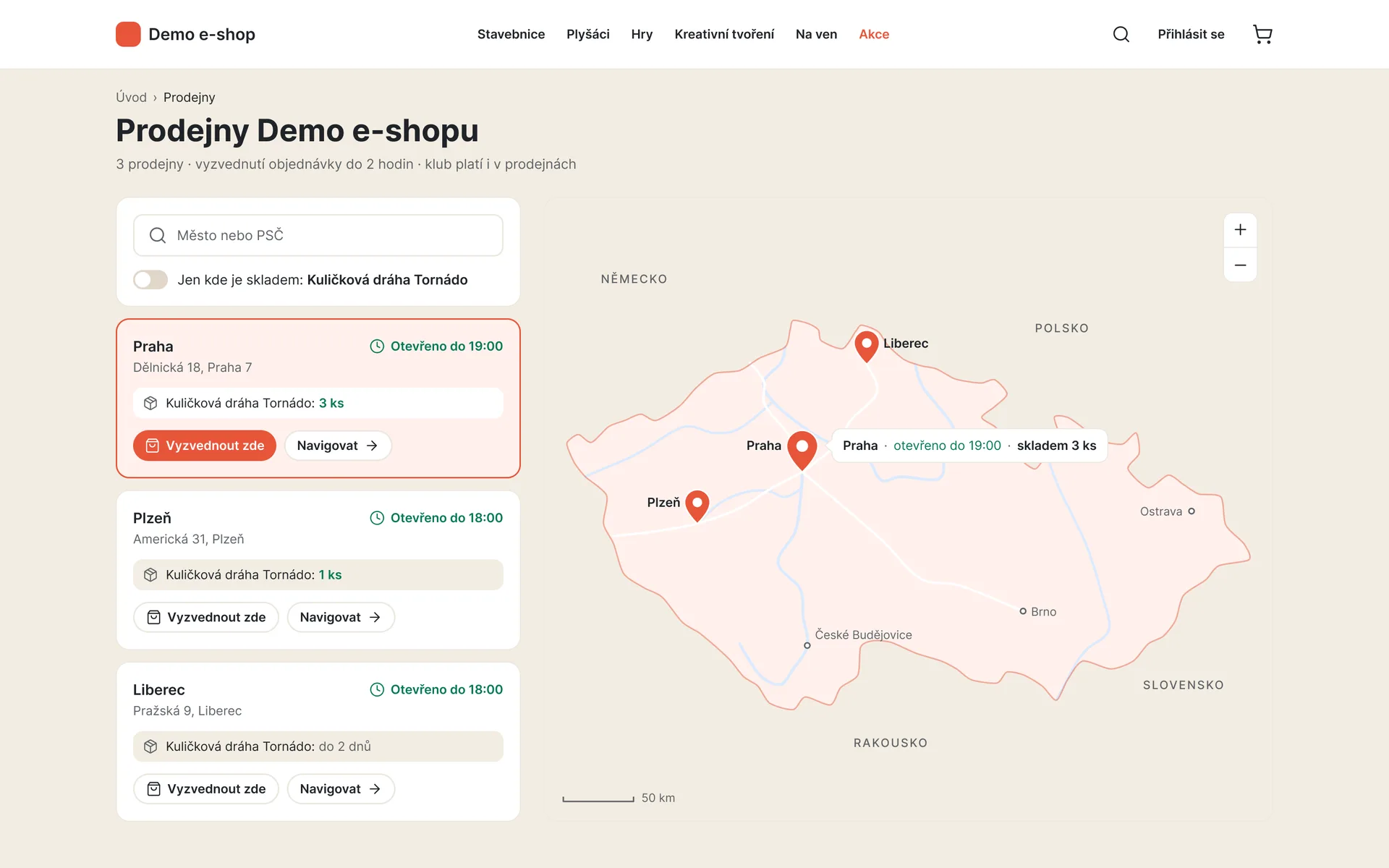 E-shop: mapa prodejen s otevírací dobou a dostupností zboží v prodejně (ukázková data)